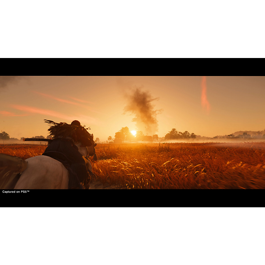 Un cavalier galope à travers un champ doré et lumineux sous un coucher de soleil.