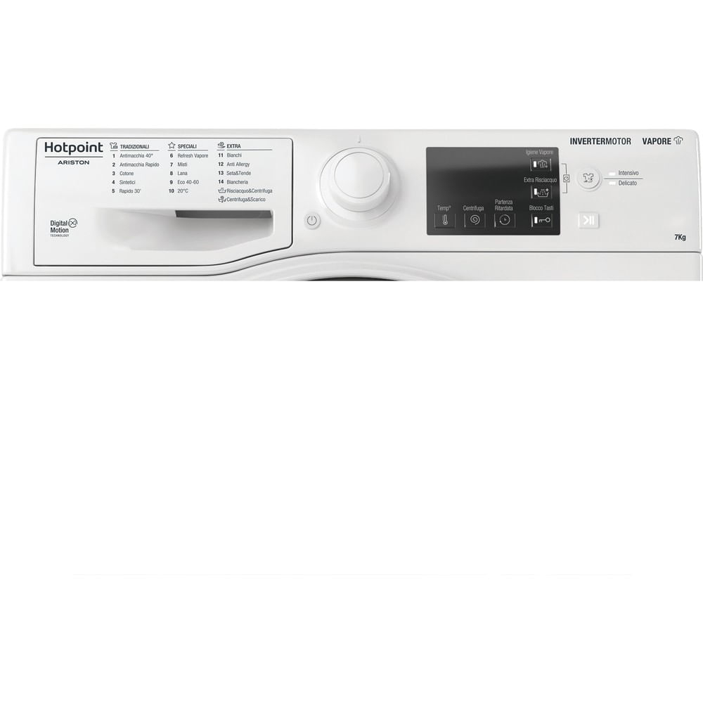 Pannello di controllo bianco di una lavatrice Hotpoint con manopola e display.