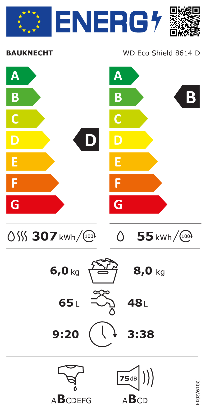 Bauknecht WD Eco Shield 8614 D EU-Energieetikett mit D- und B-Klassen sowie Wasser- und Stromverbrauchsdaten.
