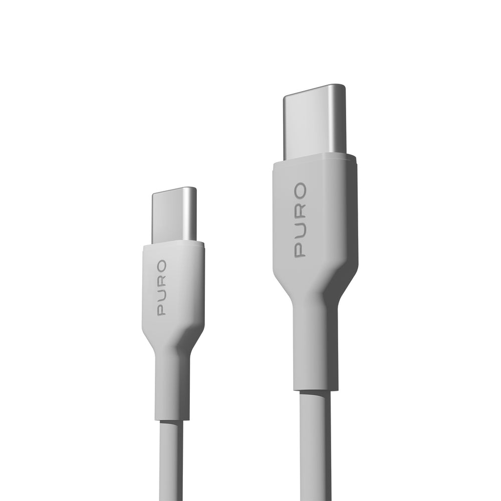 Dos cables USB-C blancos de Puro con logotipo de la marca sobre fondo blanco.
