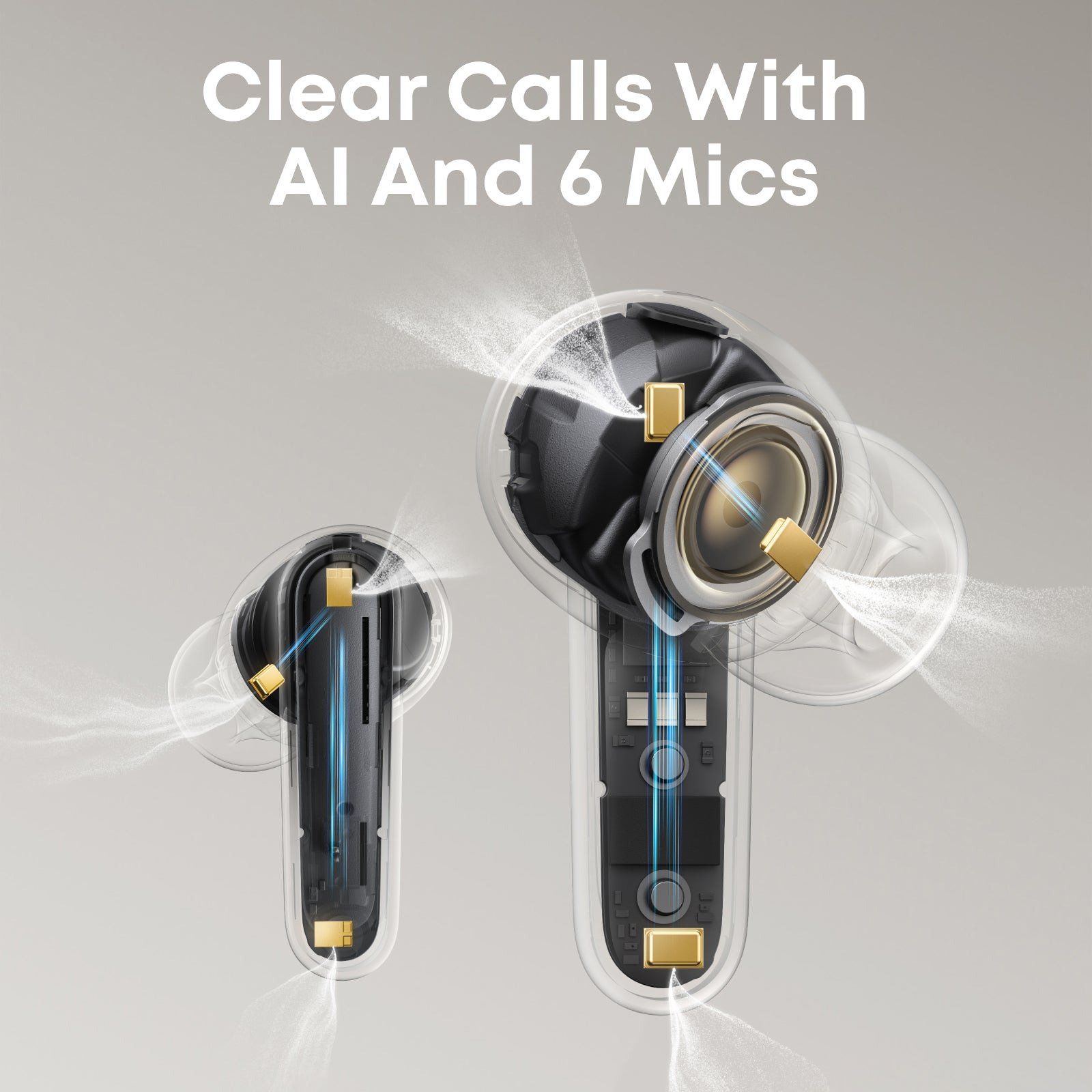 Sección transversal de dos auriculares transparentes que muestran altavoces y 6 micrófonos con ondas sonoras, en gris.