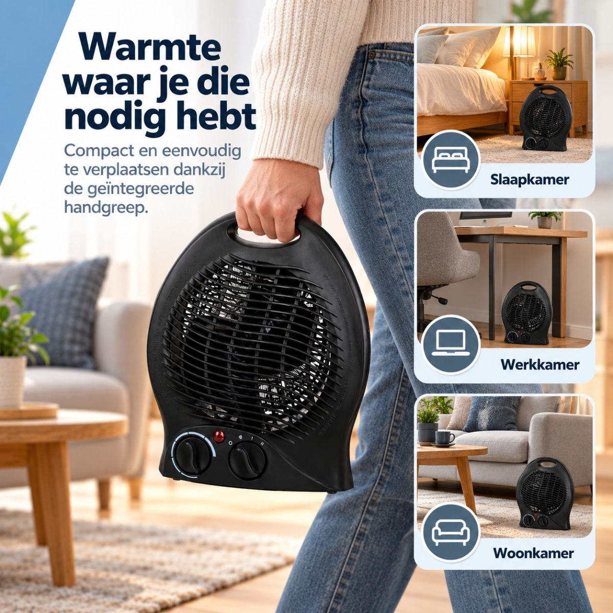 Person holding a black fan heater indoors, with inset images showing use in various rooms.