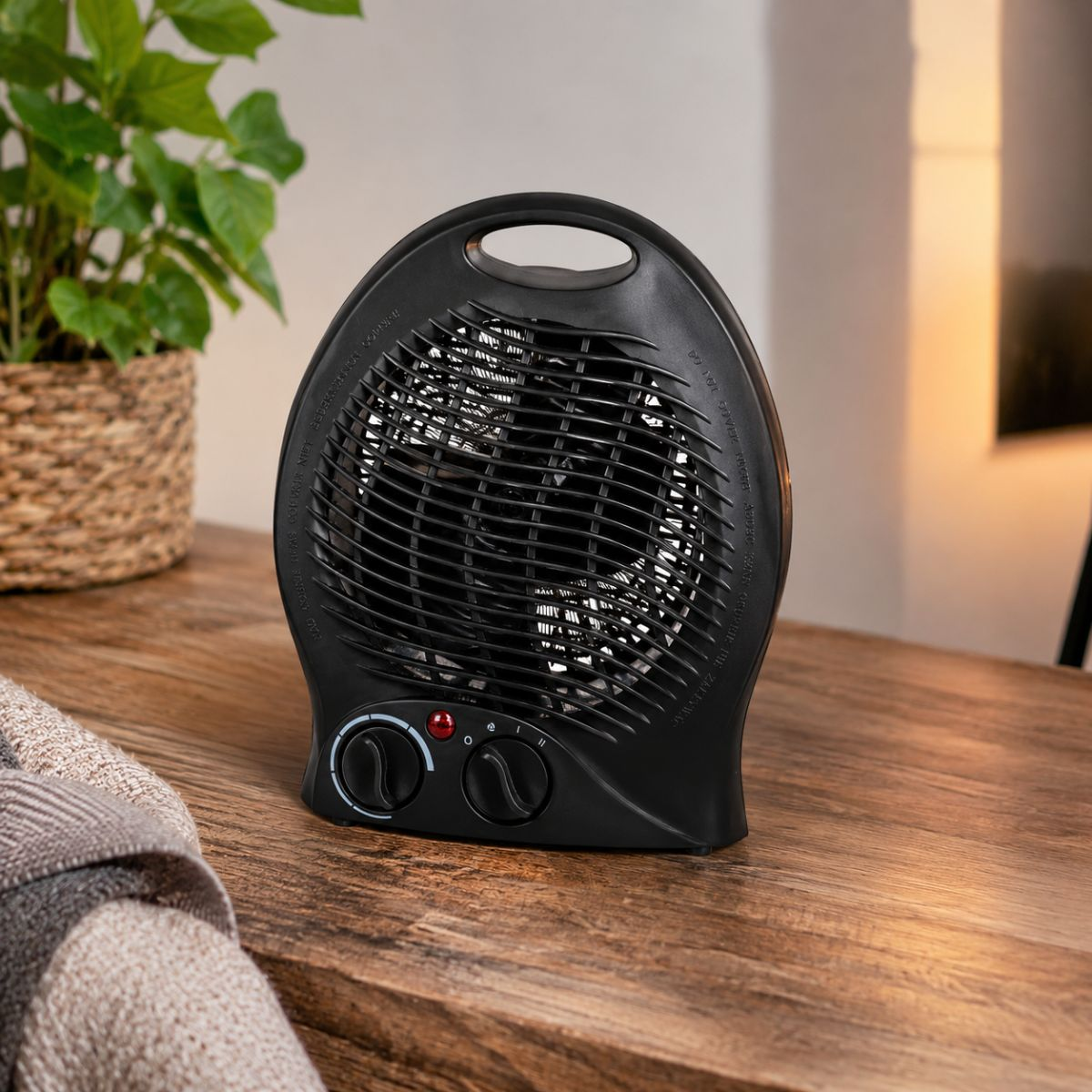 A black electric fan heater stands on a wooden table next to a potted plant and a folded towel.