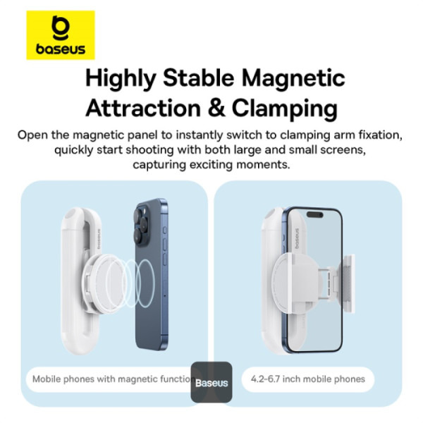 Pubblicità del prodotto Baseus che mostra attrazione magnetica e bloccaggio.