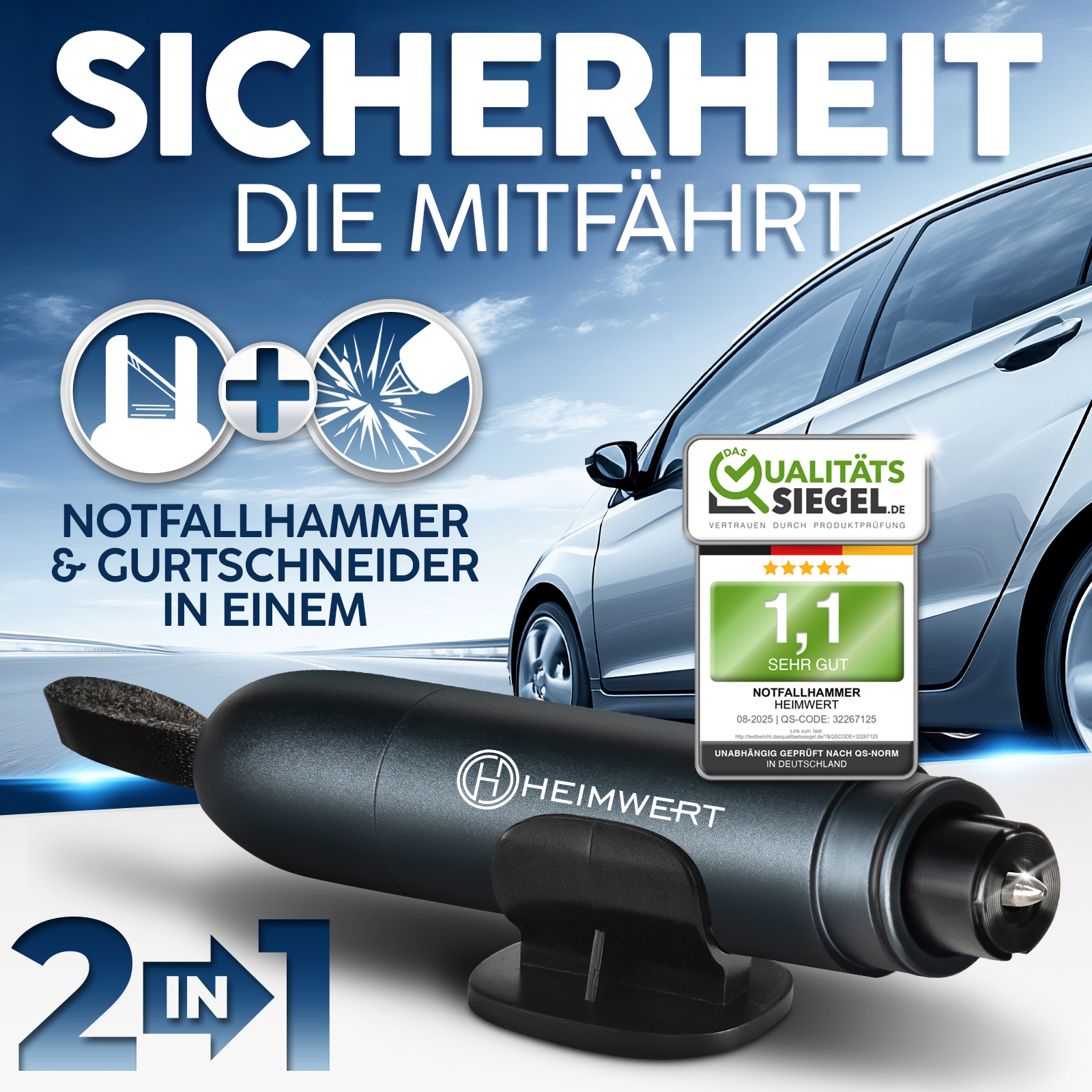 Heimwerker 2-in-1 Notfallhammer und Gurtmesser vor Auto, mit Qualitätsiegel und deutscher Aufschrift.