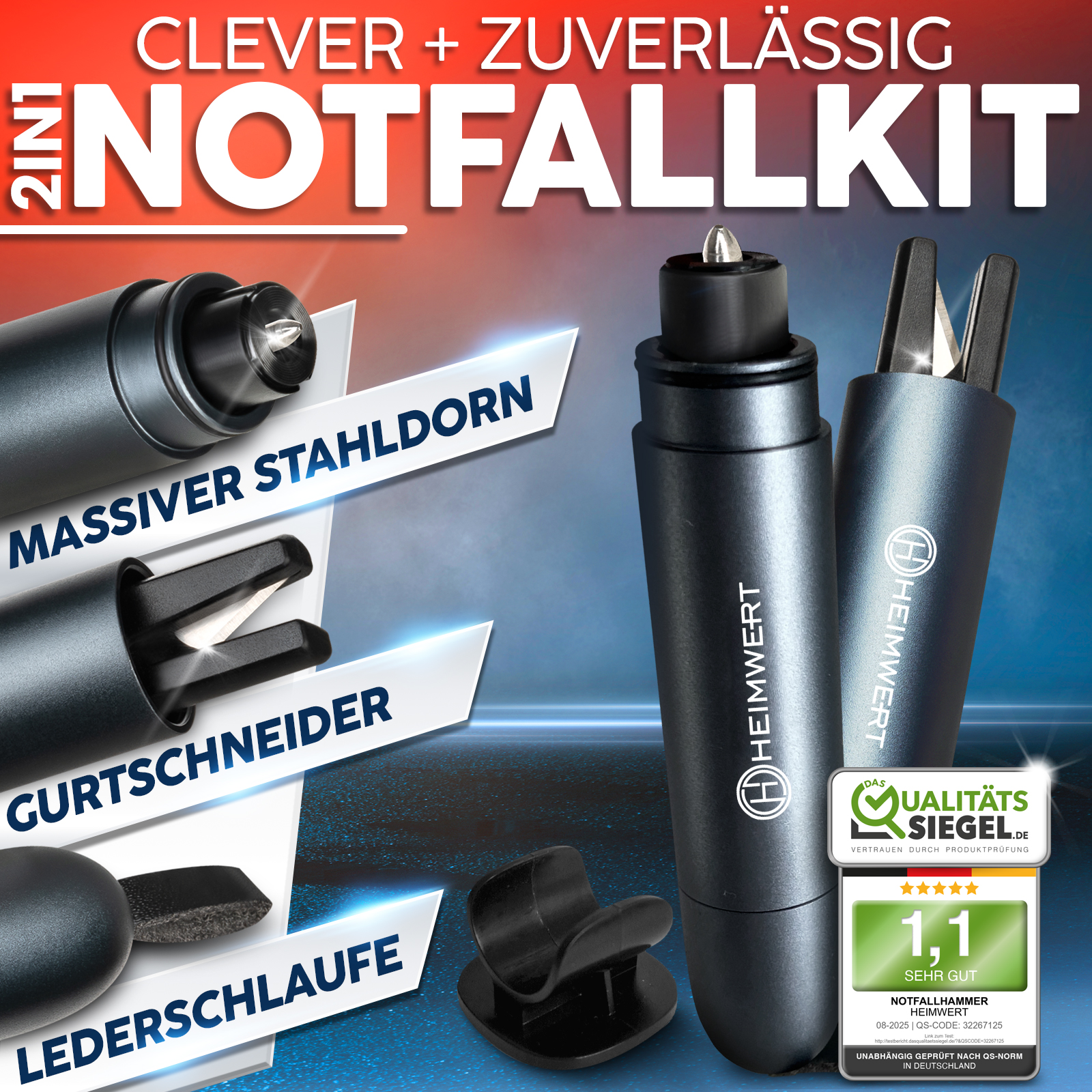 Notfallkit mit Stahldorn, Gurtschneider und Lederschlaufe vor blauem Hintergrund.