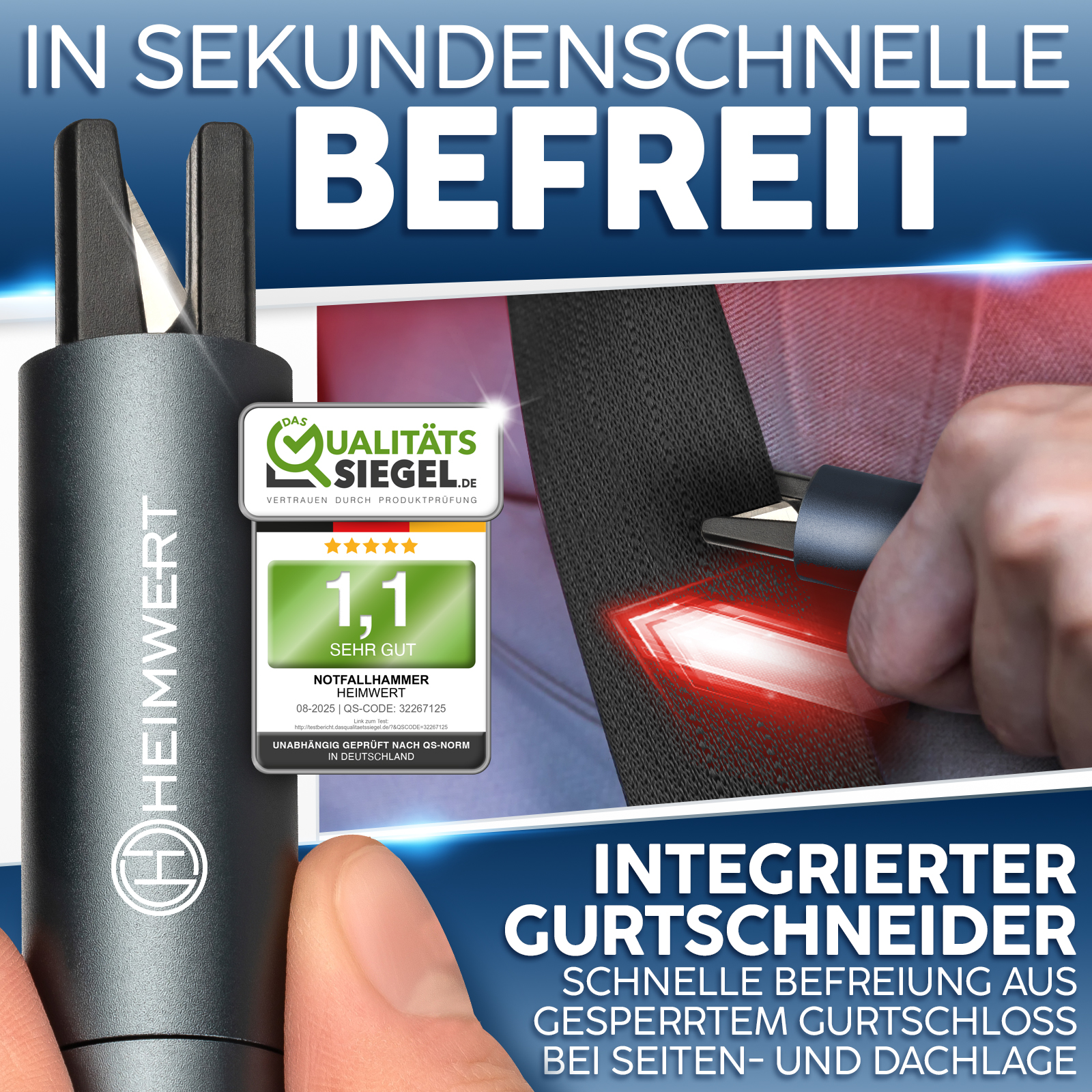 Notfallhammer mit integriertem Gurtschneider und deutscher Qualitätsbewertung.