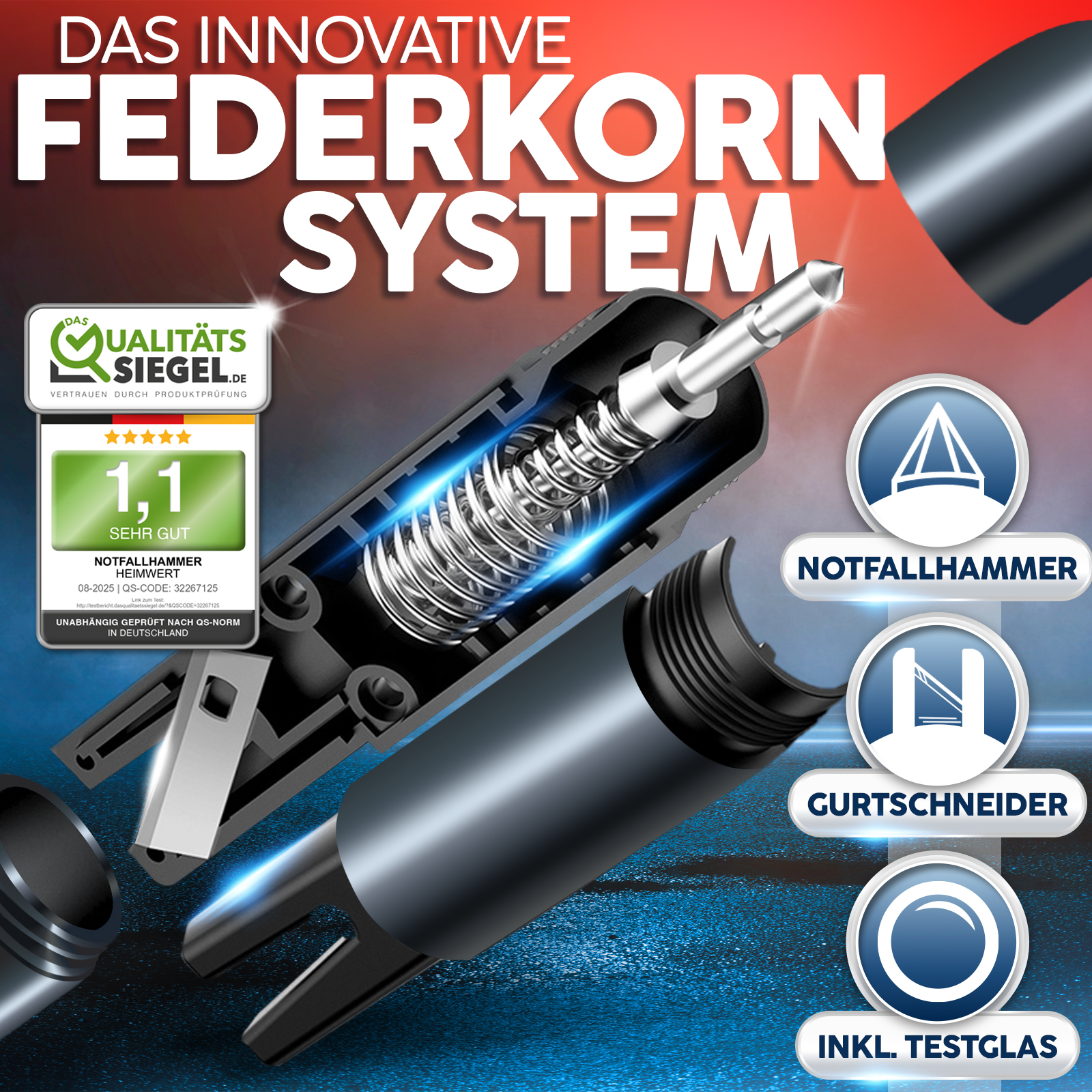 Eine Grafik, die den inneren Federkernmechanismus eines Nothammers mit Textüberlagerungen zeigt.