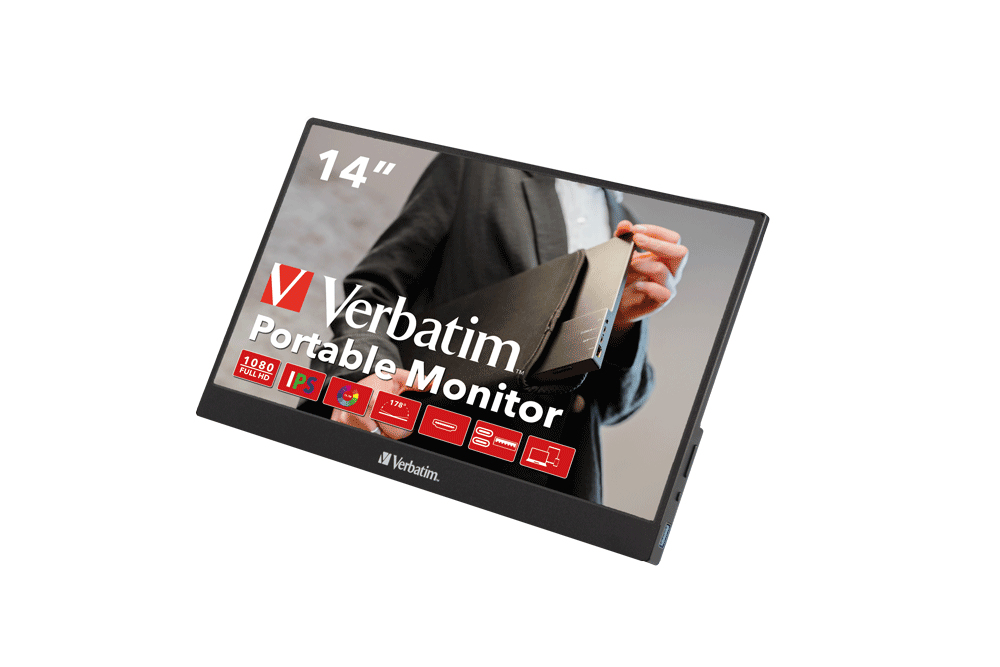 14-Zoll-Verbatim-Tragbildmonitor mit Displayanzeige und Verbatim-Logo am Rand.