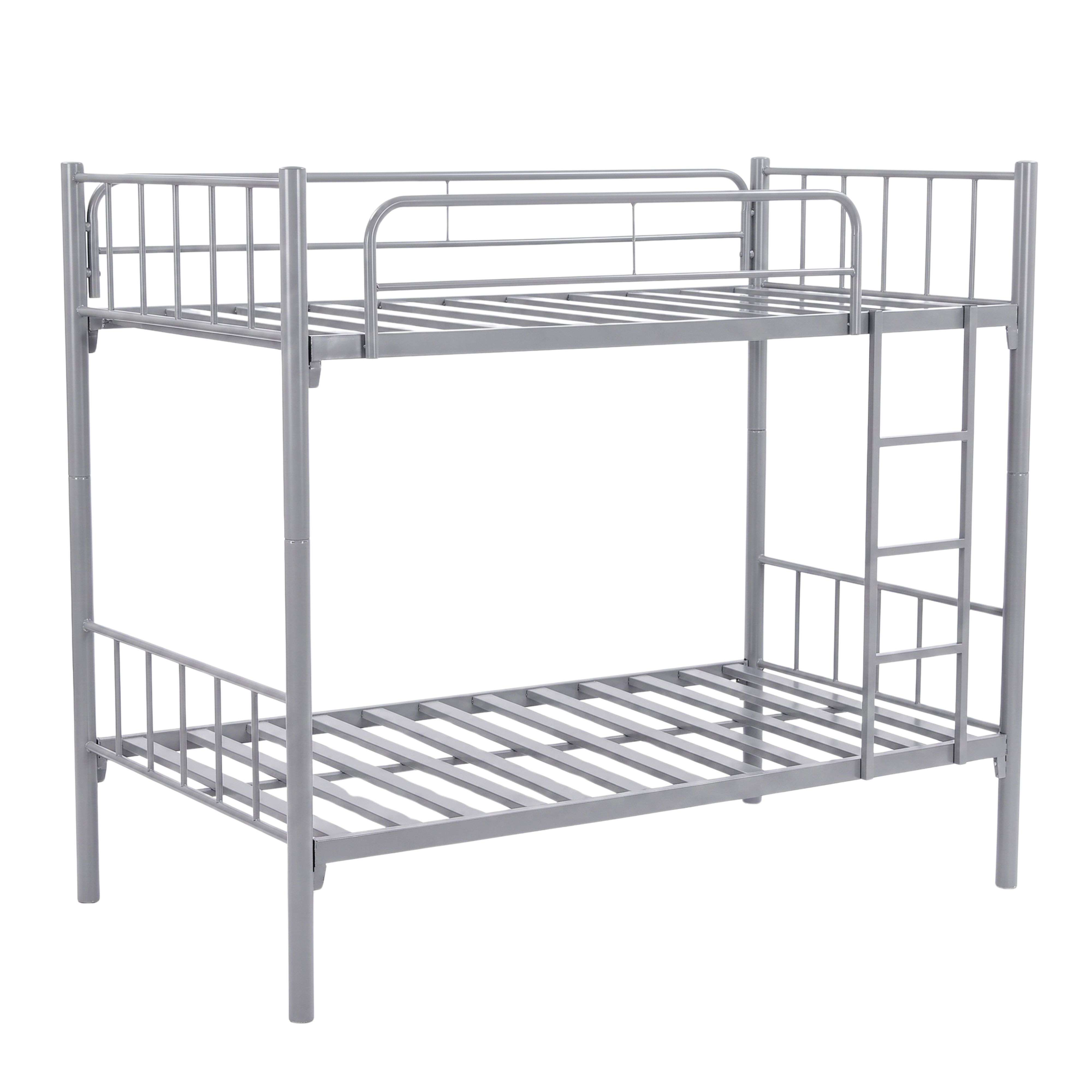 Una litera de metal gris con escalera integrada y barandillas de seguridad.