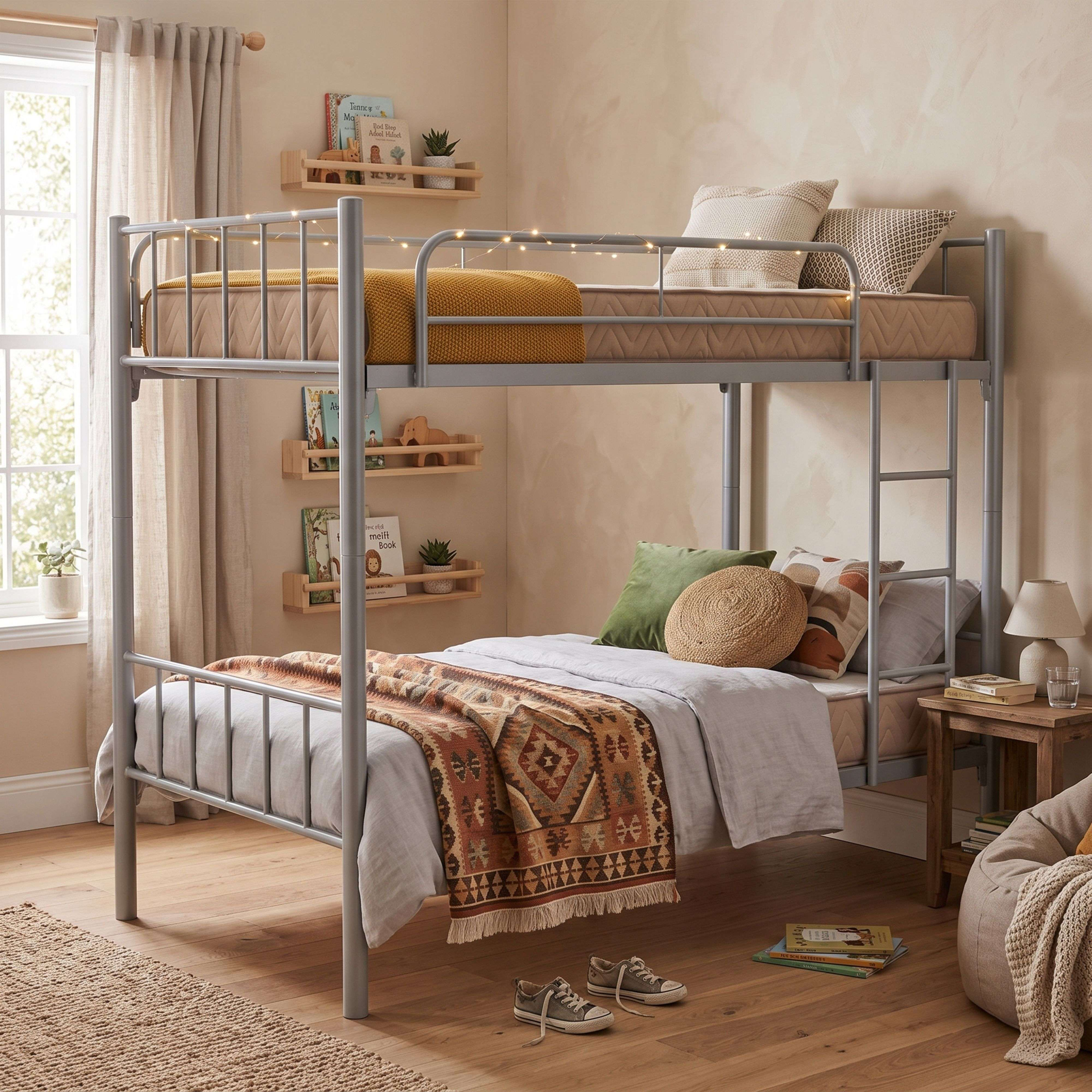 Una litera de metal gris se encuentra en la habitación de un niño con muebles de madera y estantes llenos de libros.