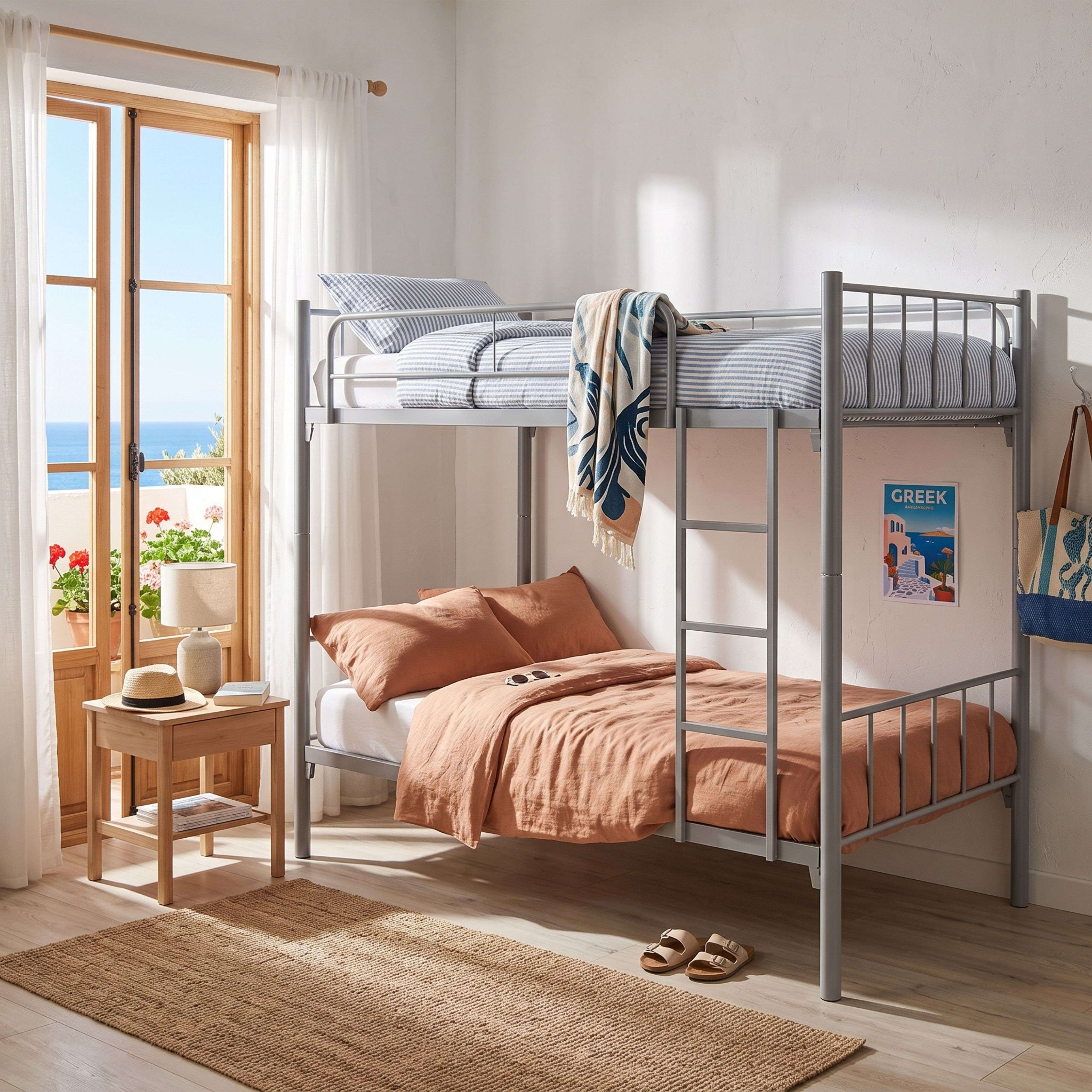 Una litera metálica gris se encuentra en un dormitorio luminoso con vistas al mar y suelos de madera.