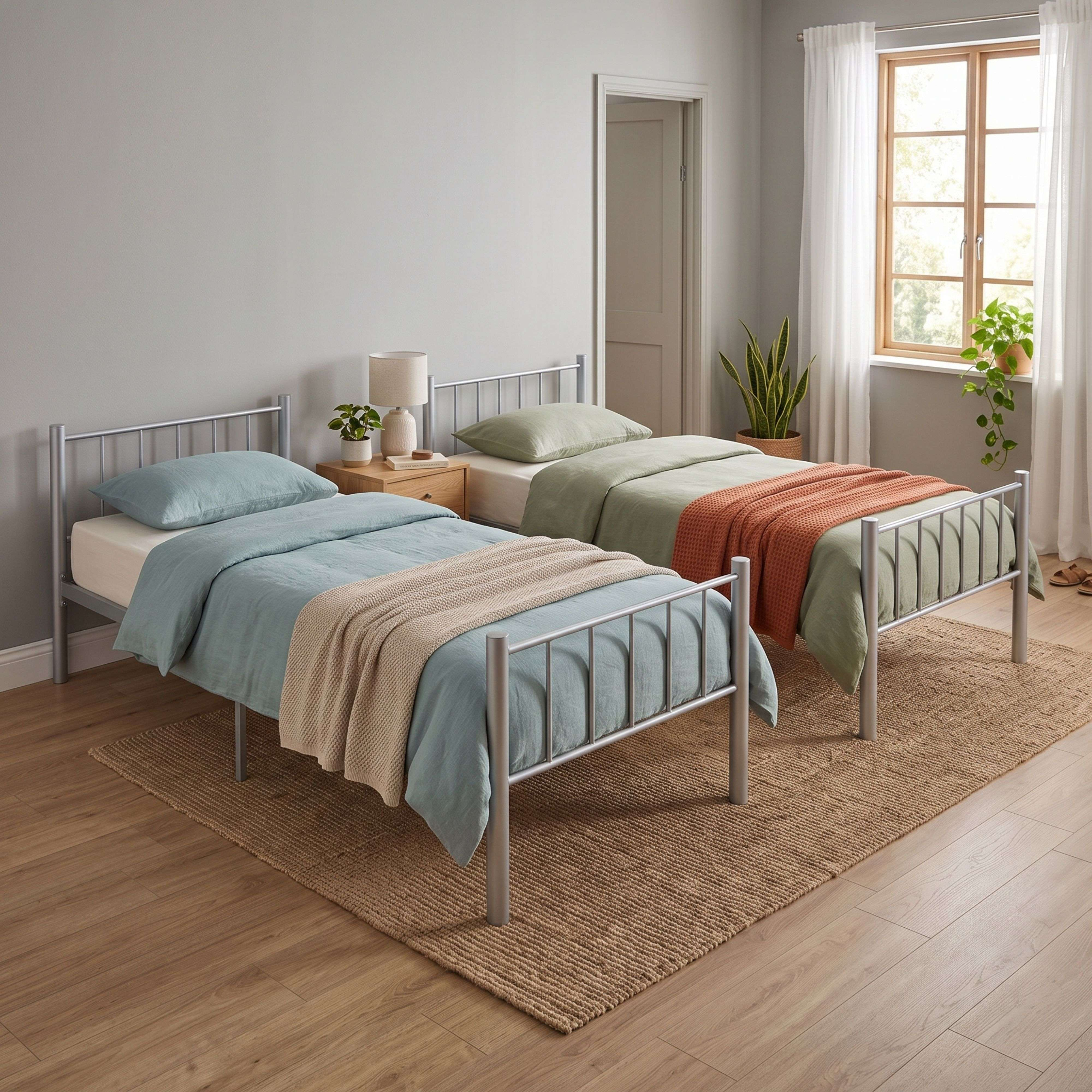 Dos camas individuales de metal con ropa de cama azul y verde sobre una alfombra de yute en una habitación.
