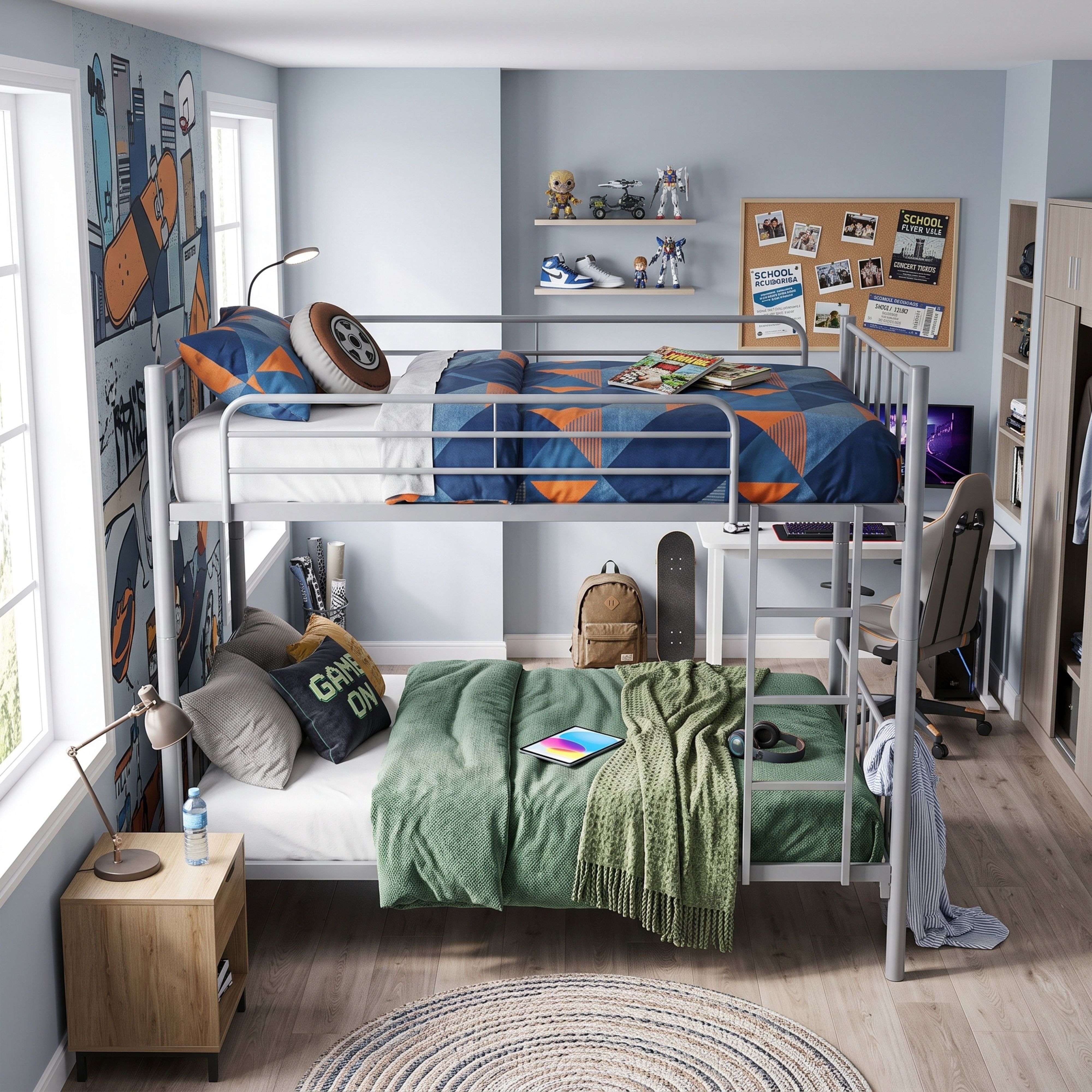 Un acogedor dormitorio juvenil con litera plateada, ropa de cama colorida, escritorio y gráficos en la pared.