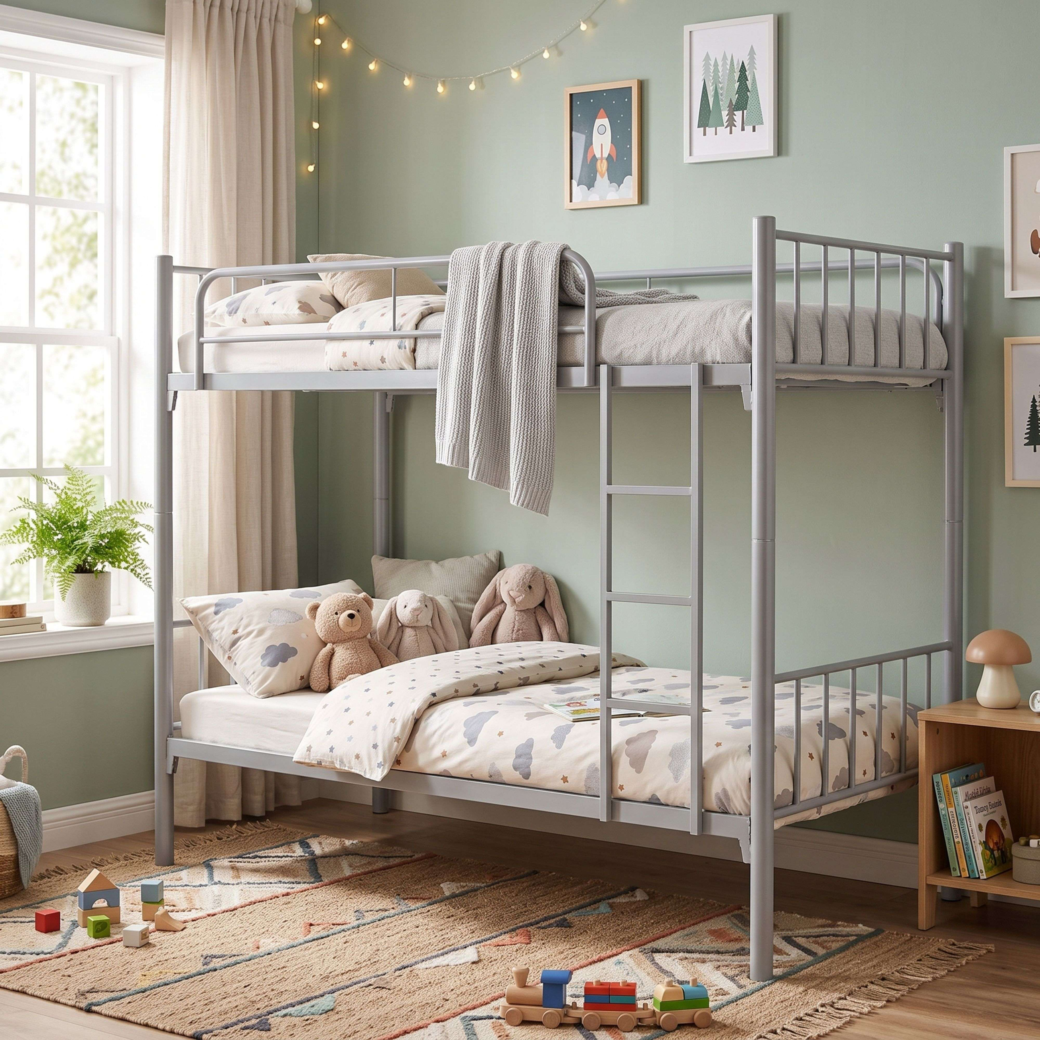 Una litera de metal gris se encuentra en la habitación de un niño con paredes verdes y juguetes.