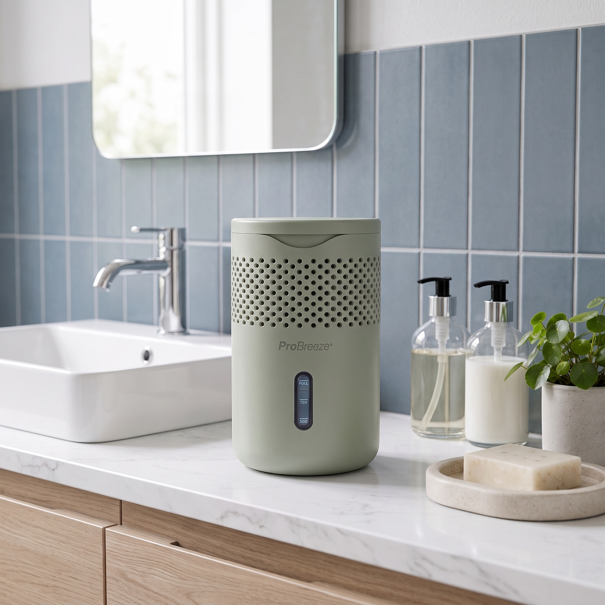 Un déshumidificateur vert Pro Breeze est posé sur un comptoir de salle de bain en marbre près du lavabo.
