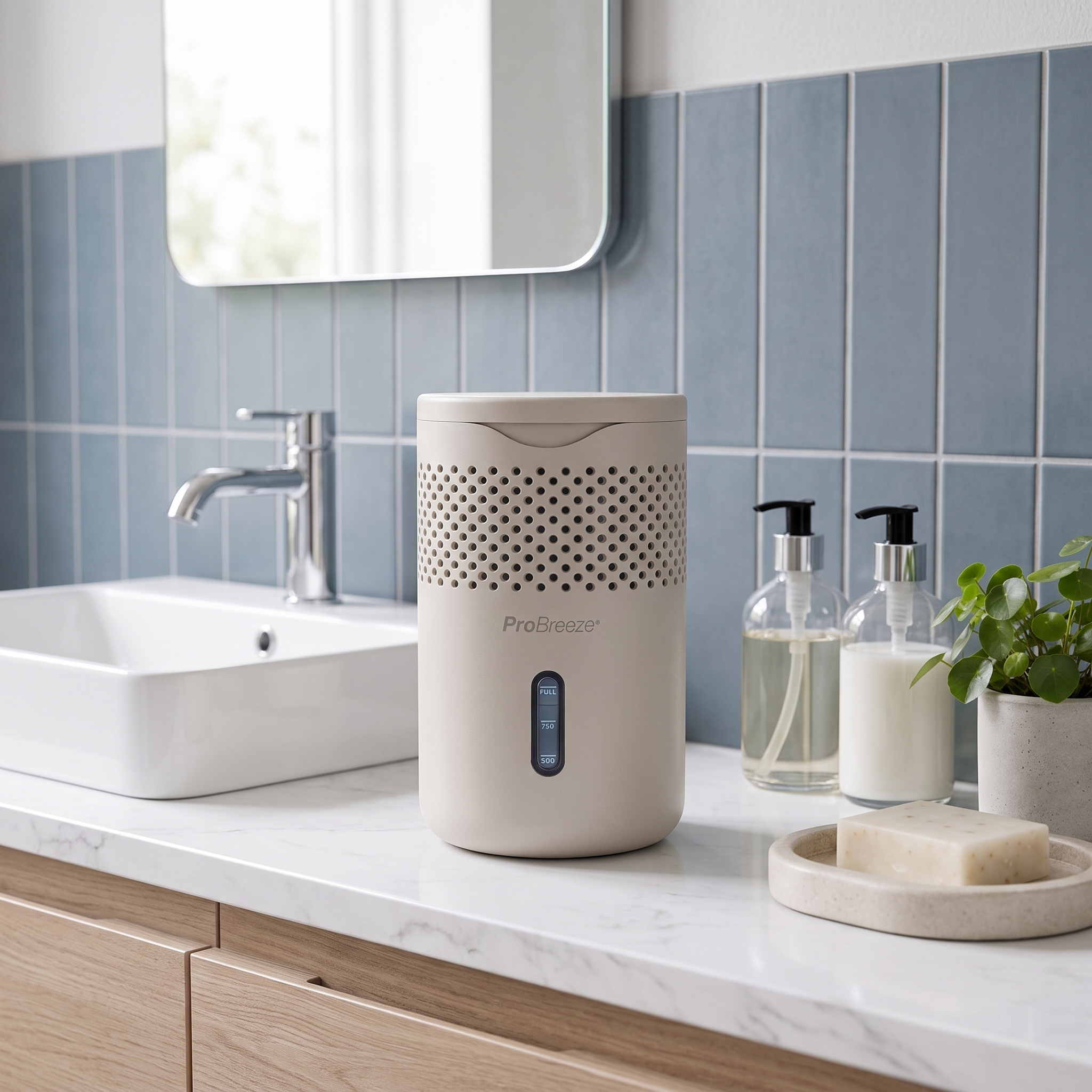 Déshumidificateur Pro Breeze beige sur un comptoir de salle de bain en marbre avec lavabo et carrelage.