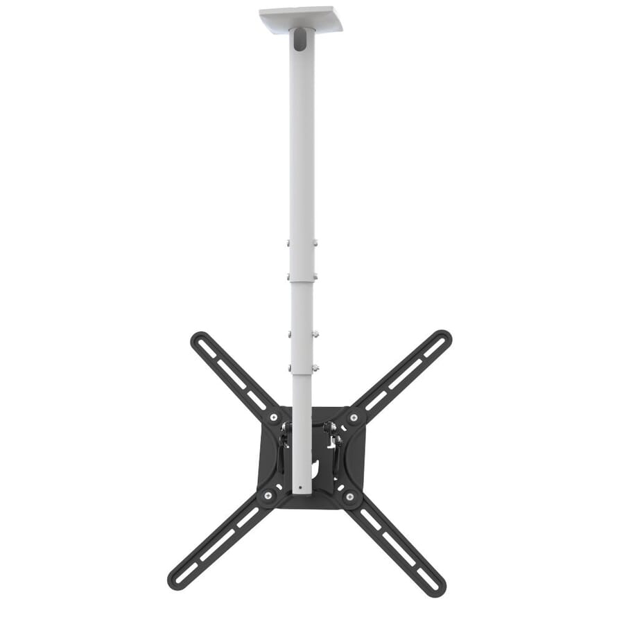 Soporte de techo blanco con barra ajustable y soporte VESA negro.