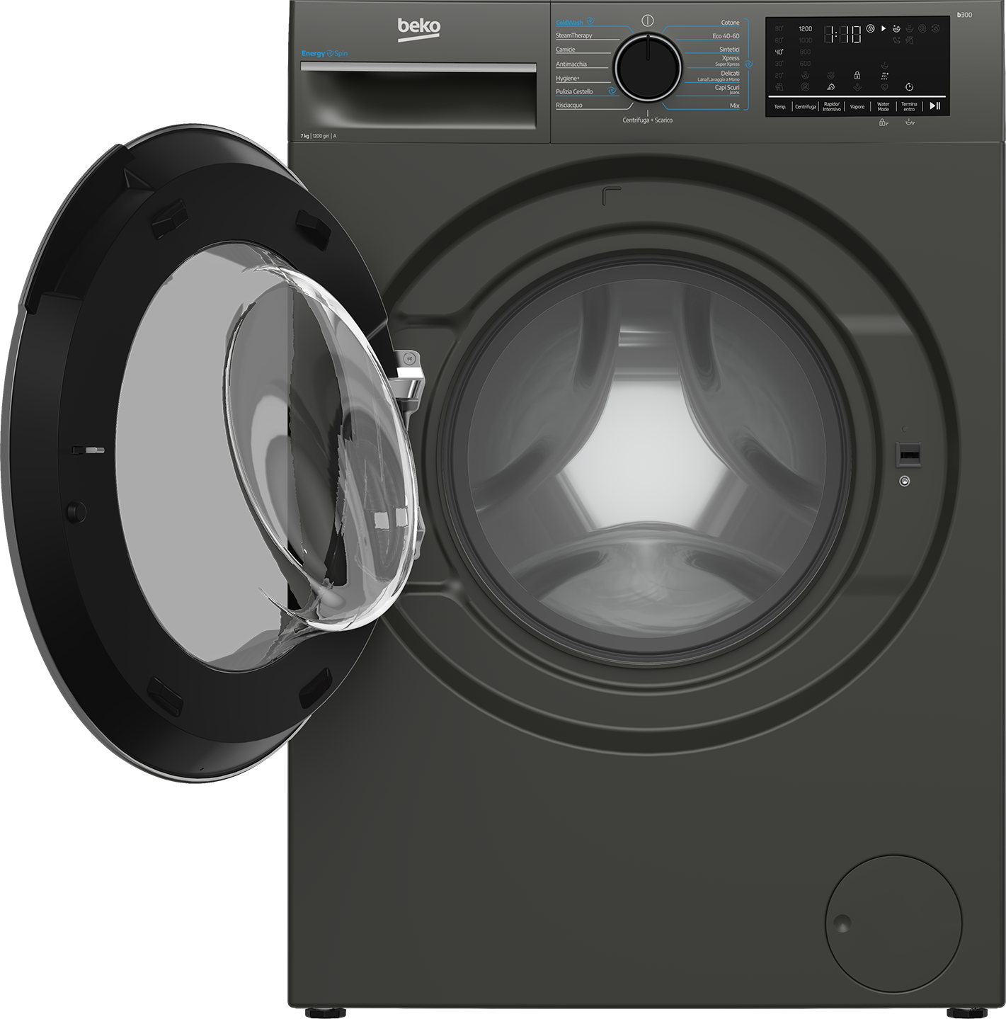 Lavatrice Beko grigio scuro con porta in vetro aperta e display digitale.