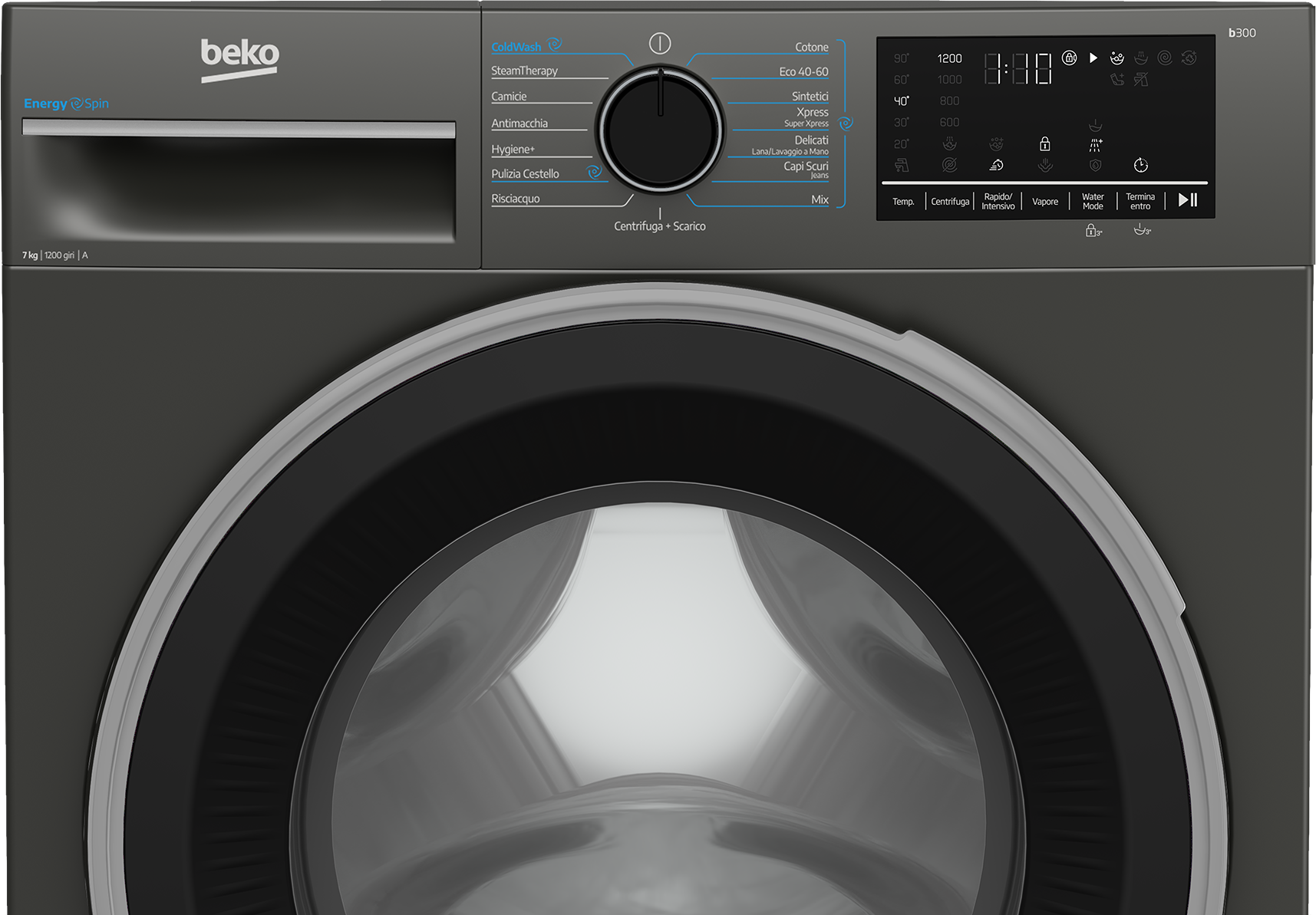 Primo piano di una lavatrice Beko grigio scuro con manopola e display digitale.