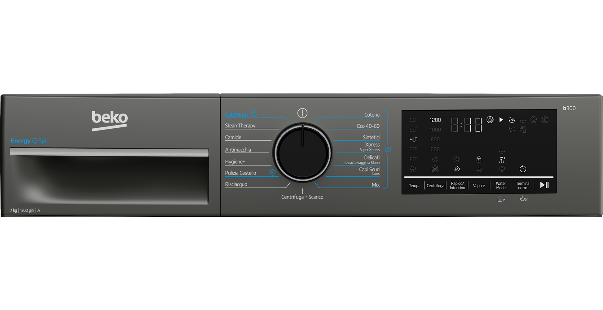 Pannello di controllo della lavatrice Beko grigio scuro con manopola programmi, display digitale e tasti a sfioramento su sfondo nero.