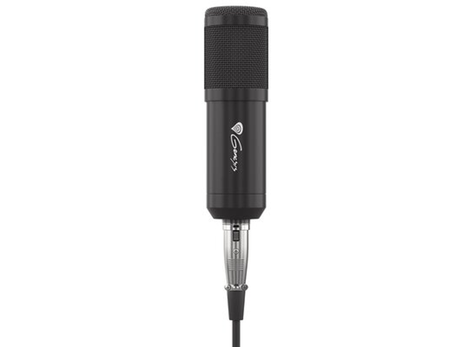 Un microfono a condensatore da studio nero con un cavo di collegamento XLR argentato nella parte inferiore su sfondo bianco.