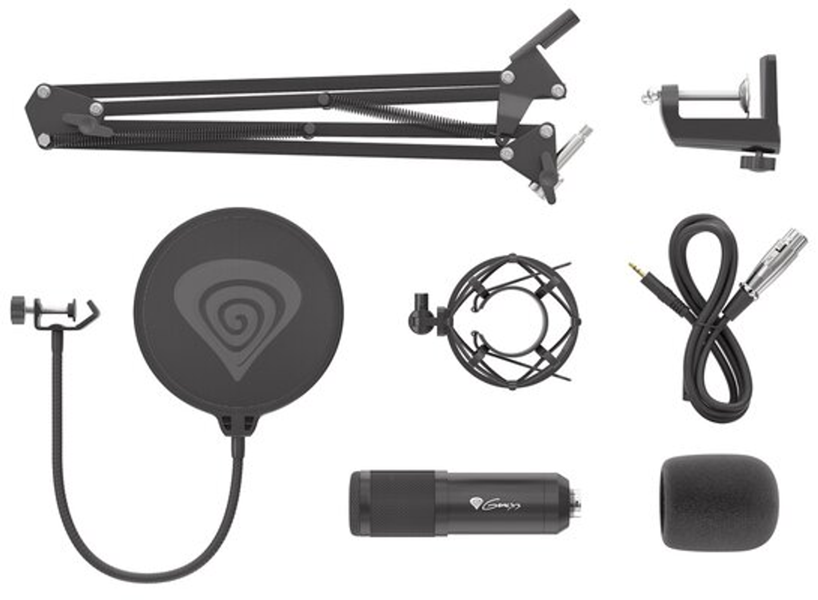 Set microfono nero con braccio, filtro pop, supporto, cavo e copertura in schiuma.