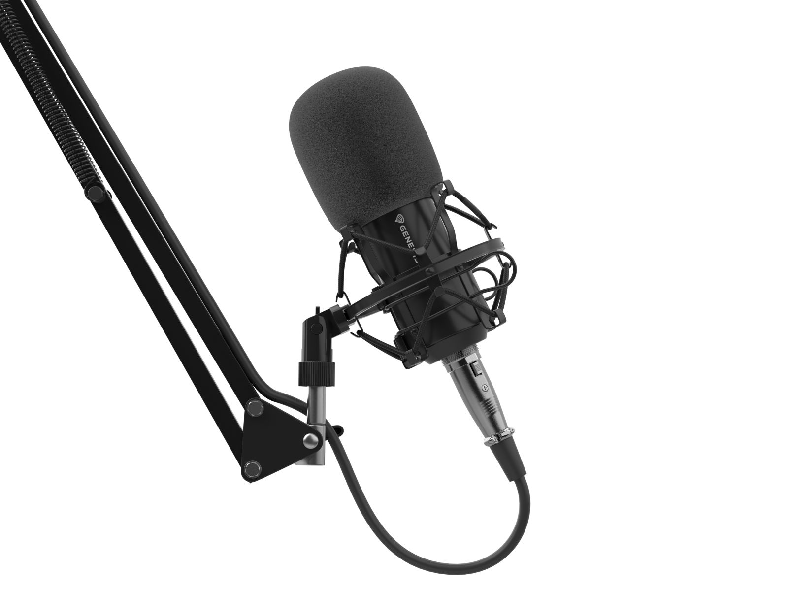 Microfono da studio nero con filtro antipop in un supporto elastico su braccio regolabile.