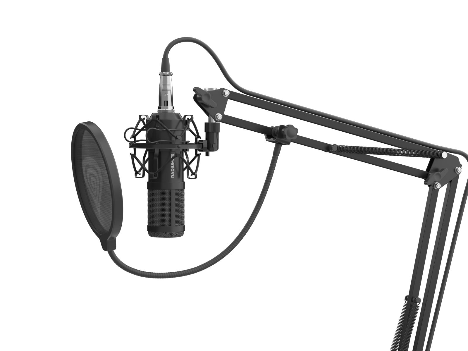 Microfono da studio nero con supporto antivibrazioni, filtro pop e braccio regolabile.