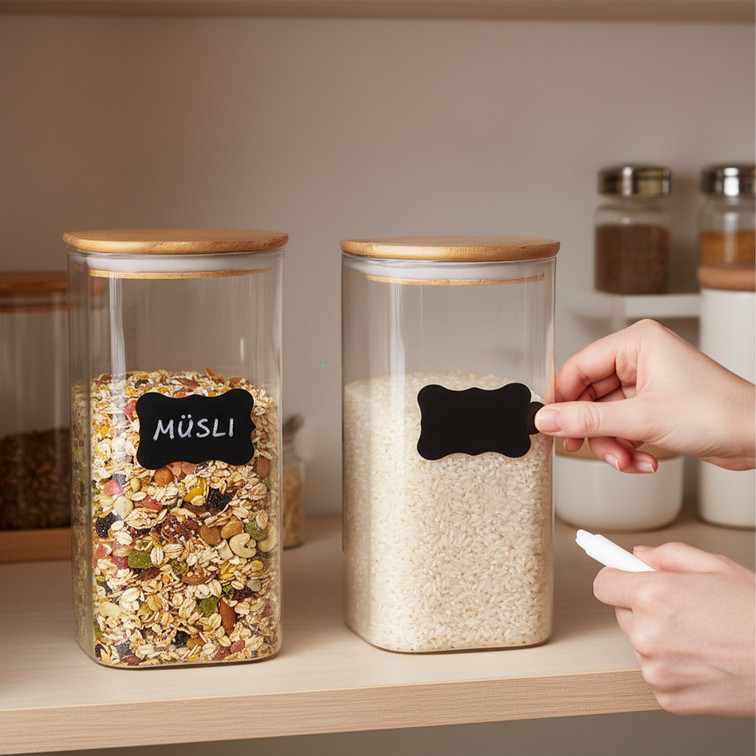 Eine Hand bringt ein schwarzes Etikett an einem Glasbehälter mit weißem Reis an, daneben steht Müsli.