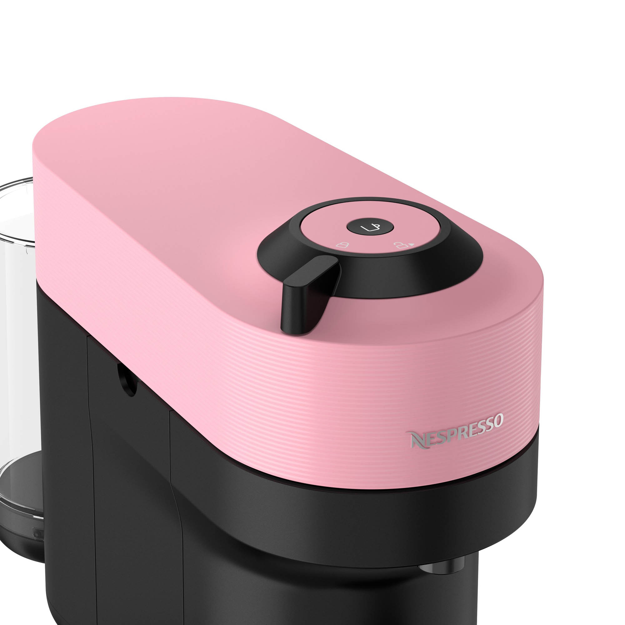 Rosa und schwarze Nespresso-Kaffeemaschine mit runden Knöpfen vor weißem Hintergrund.