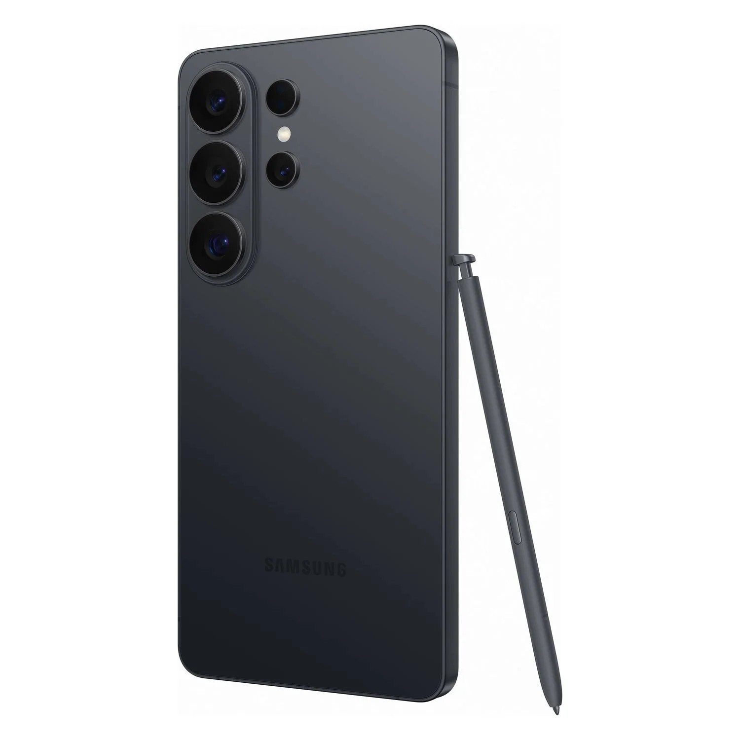 Egy sötétszürke Samsung okostelefon hátoldala három függőleges kamerával és egy hozzá tartozó érintőceruzával mellette.