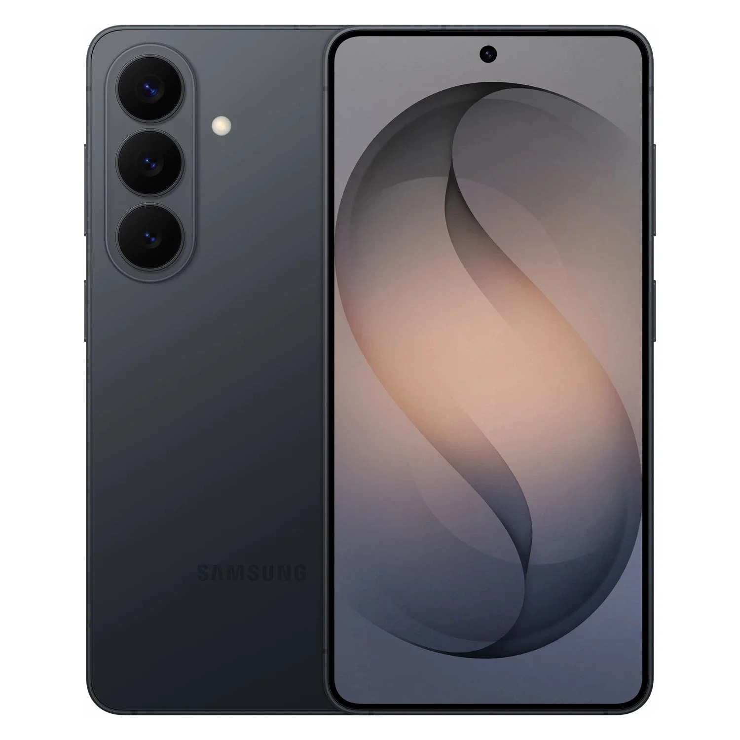 Sötétszürke Samsung okostelefon elölről és hátulról, három hátlapi kamerával és keret nélküli kijelzővel.