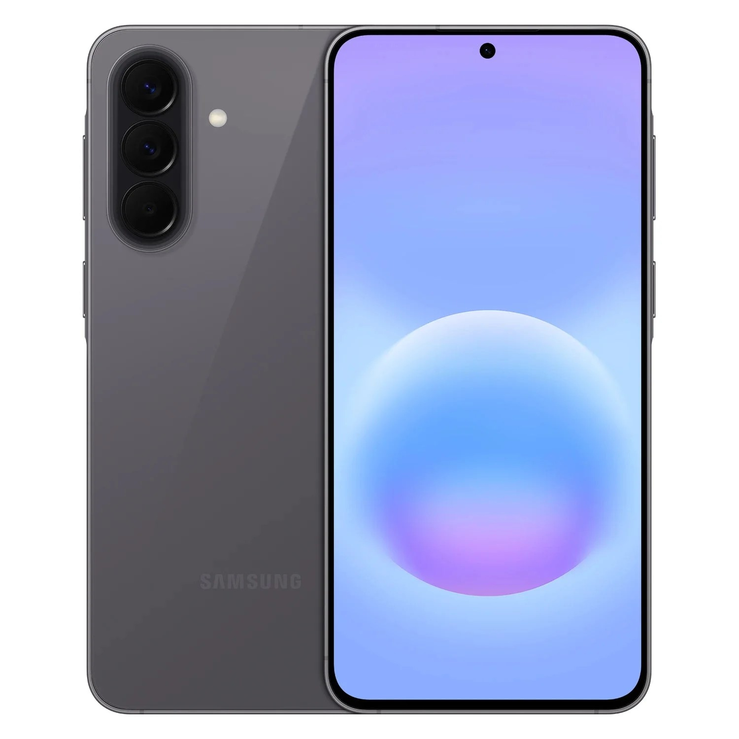 Szürke Samsung okostelefon elülső és hátulsó nézete hármas kamerával.