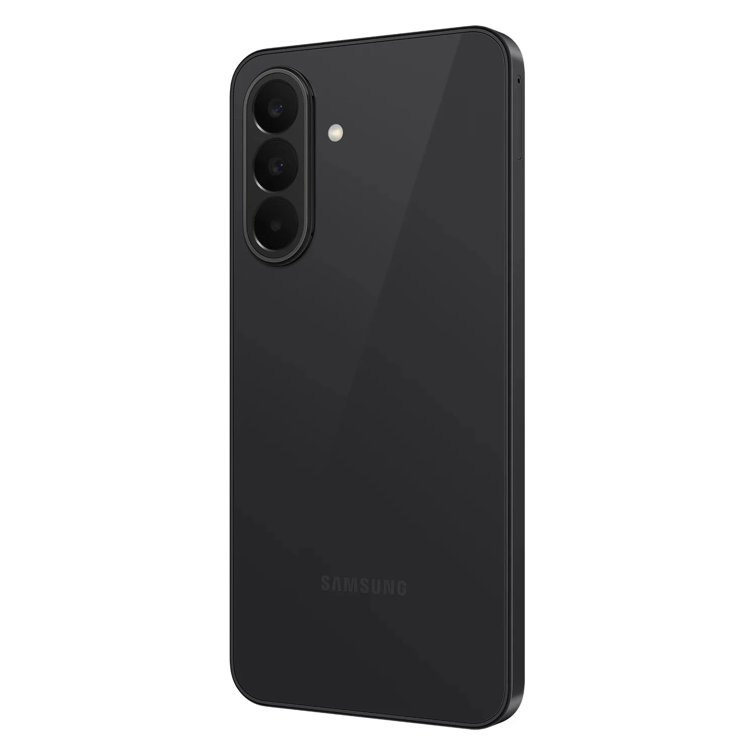 Fekete Samsung okostelefon hátoldala három függőlegesen elhelyezett kamerával és a Samsung logóval.