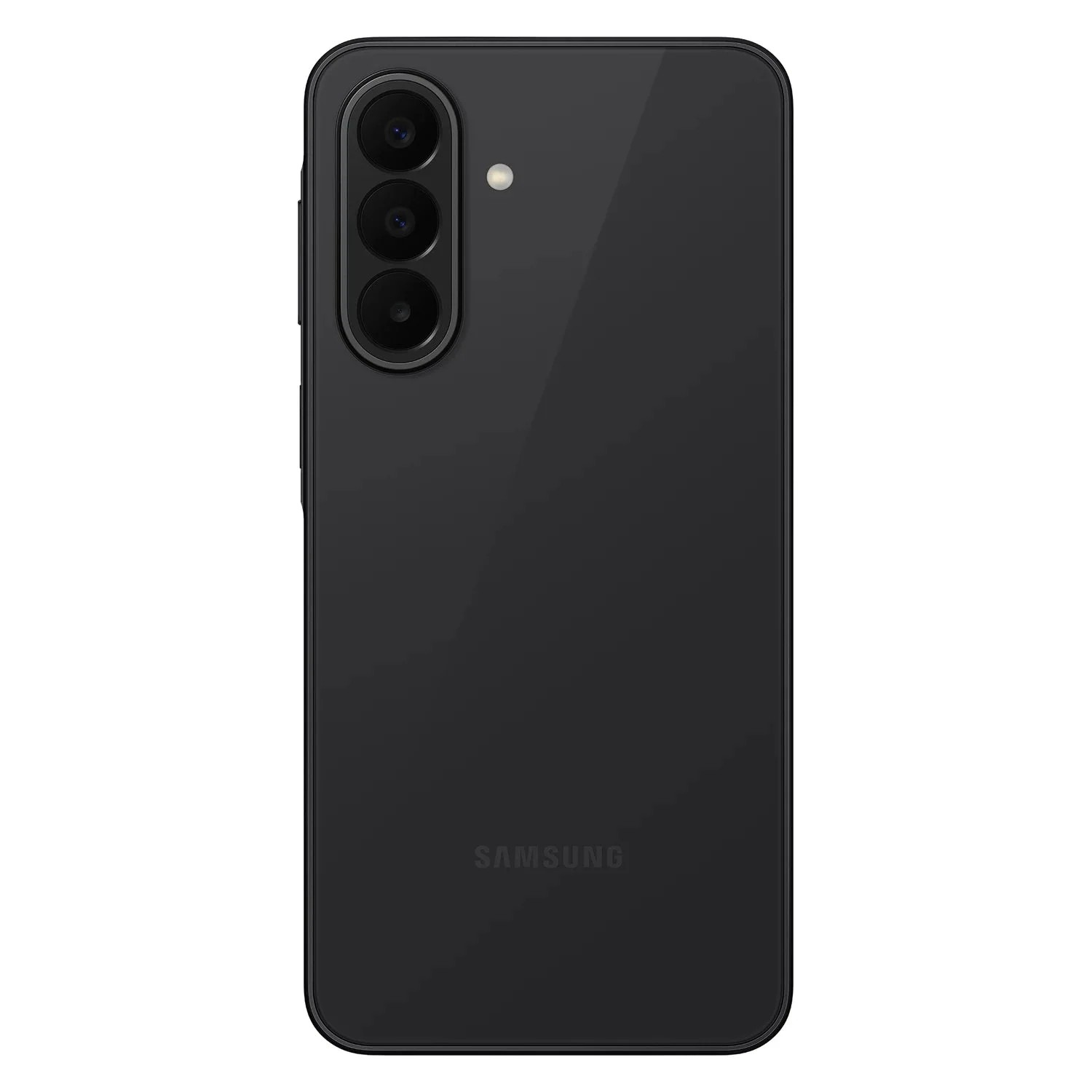 Fekete okostelefon hátlapja három függőleges kamerával, vakuval és Samsung logóval.