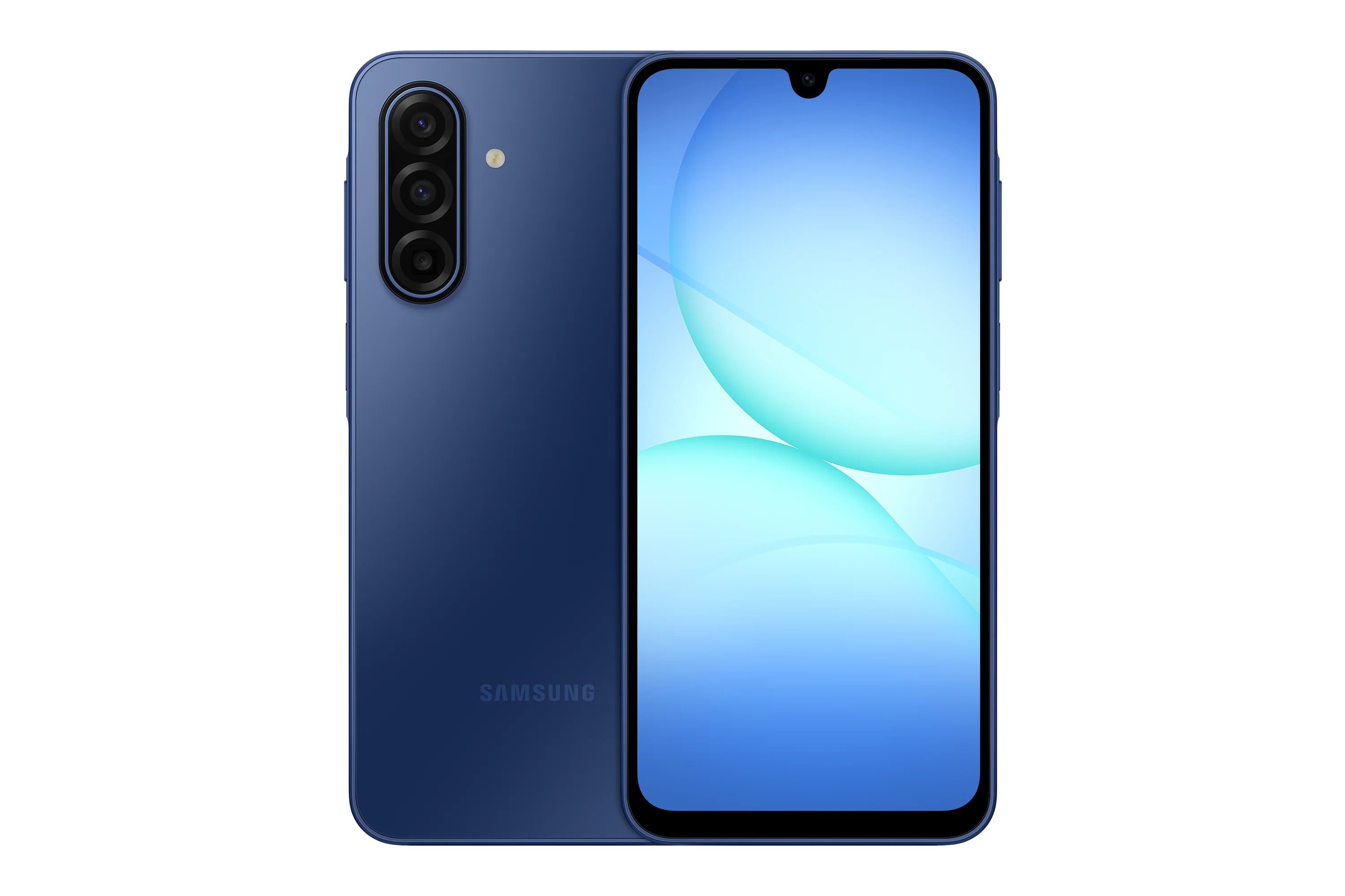 Egy kék Samsung okostelefon előlapja és hátlapja látható, függőleges hármas kamerával.