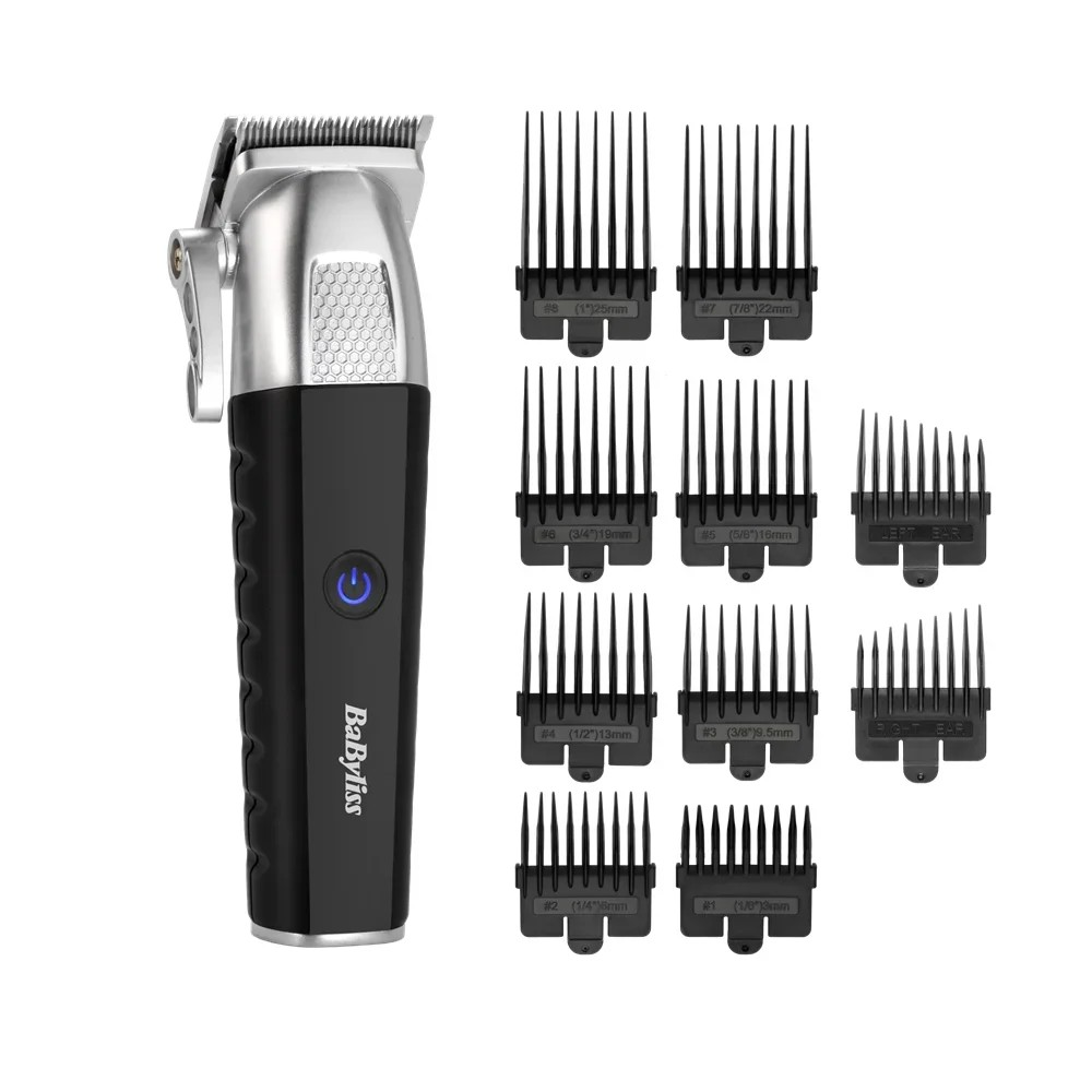 Fekete és ezüst színű BaByliss hajszárító nyíró nyolc különböző méretű vezetőfésűvel fehér háttéren.
