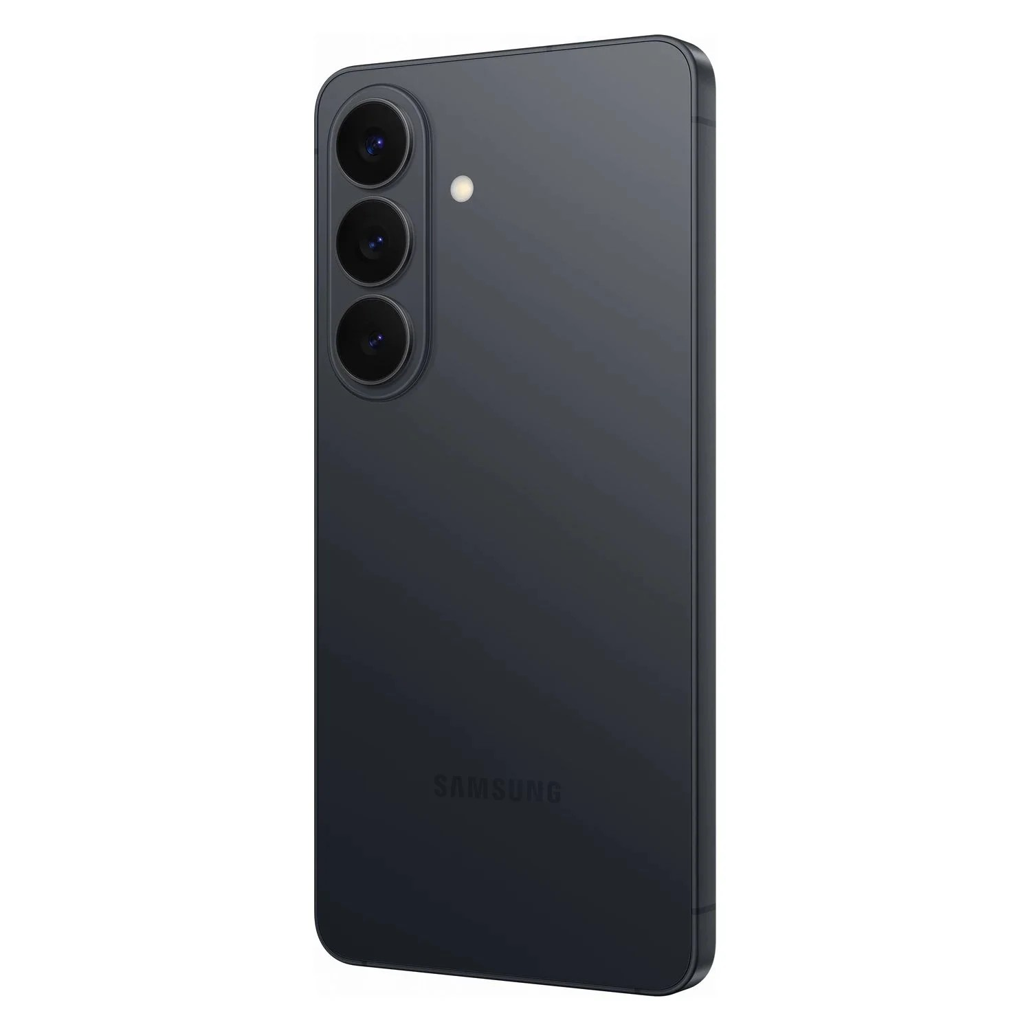 Egy sötétszürke Samsung okostelefon hátoldala három kamerával és vakuval, fehér háttér előtt.