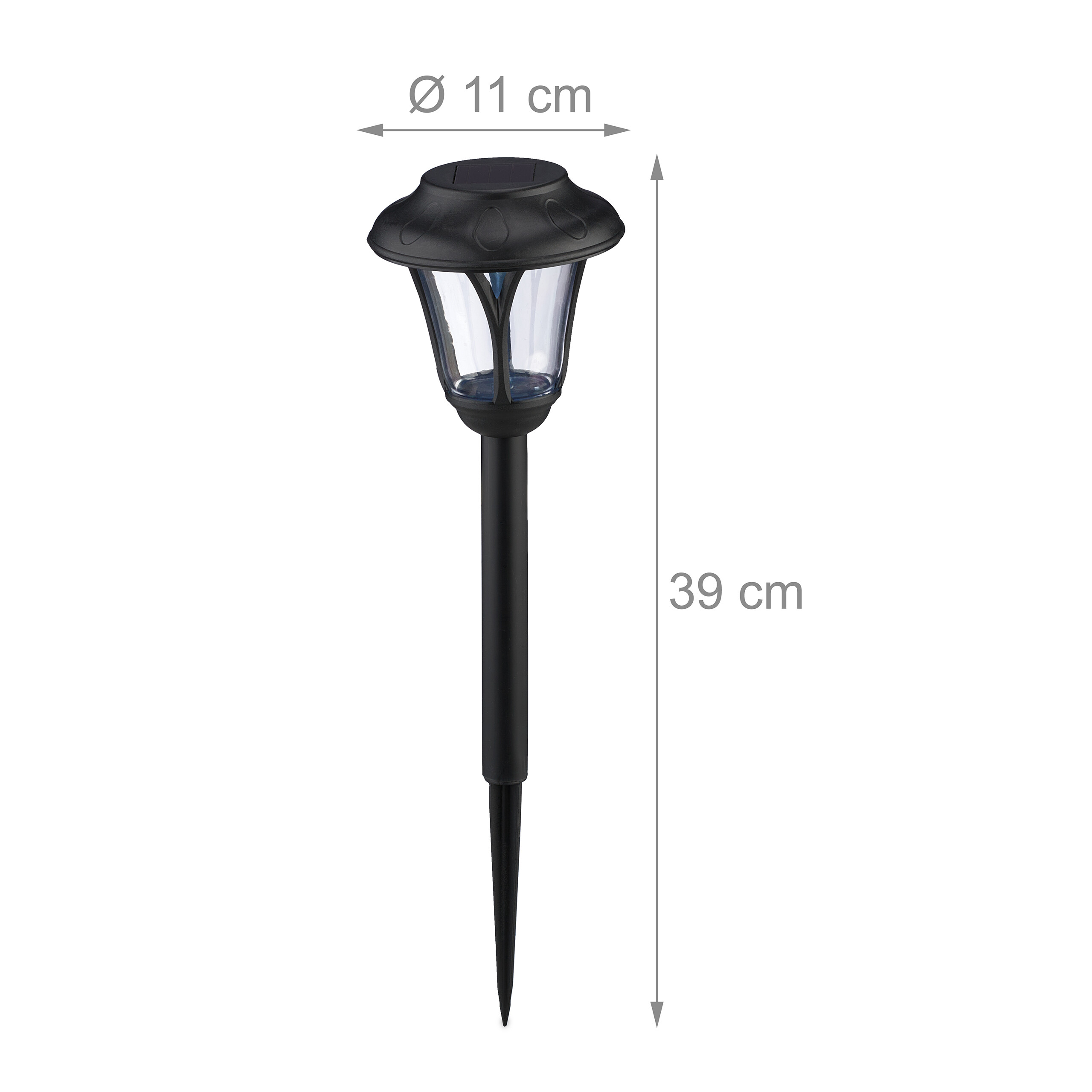 Schwarze Solarlampe mit Erdspieß, 11 cm Durchmesser und 39 cm Höhe, auf weißem Hintergrund.