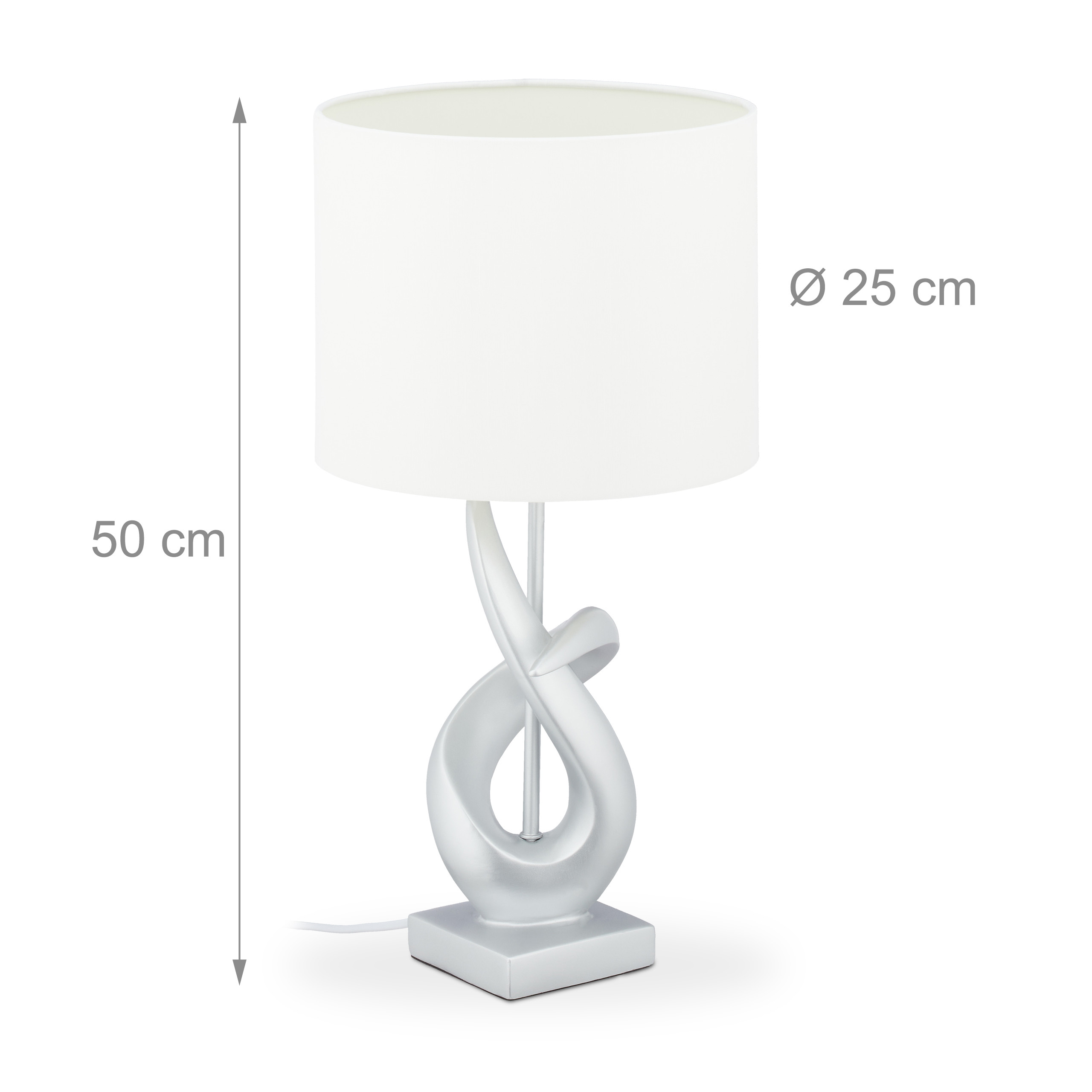 Eine silberne Tischlampe mit weißem Schirm, 50 cm hoch, 25 cm Durchmesser.