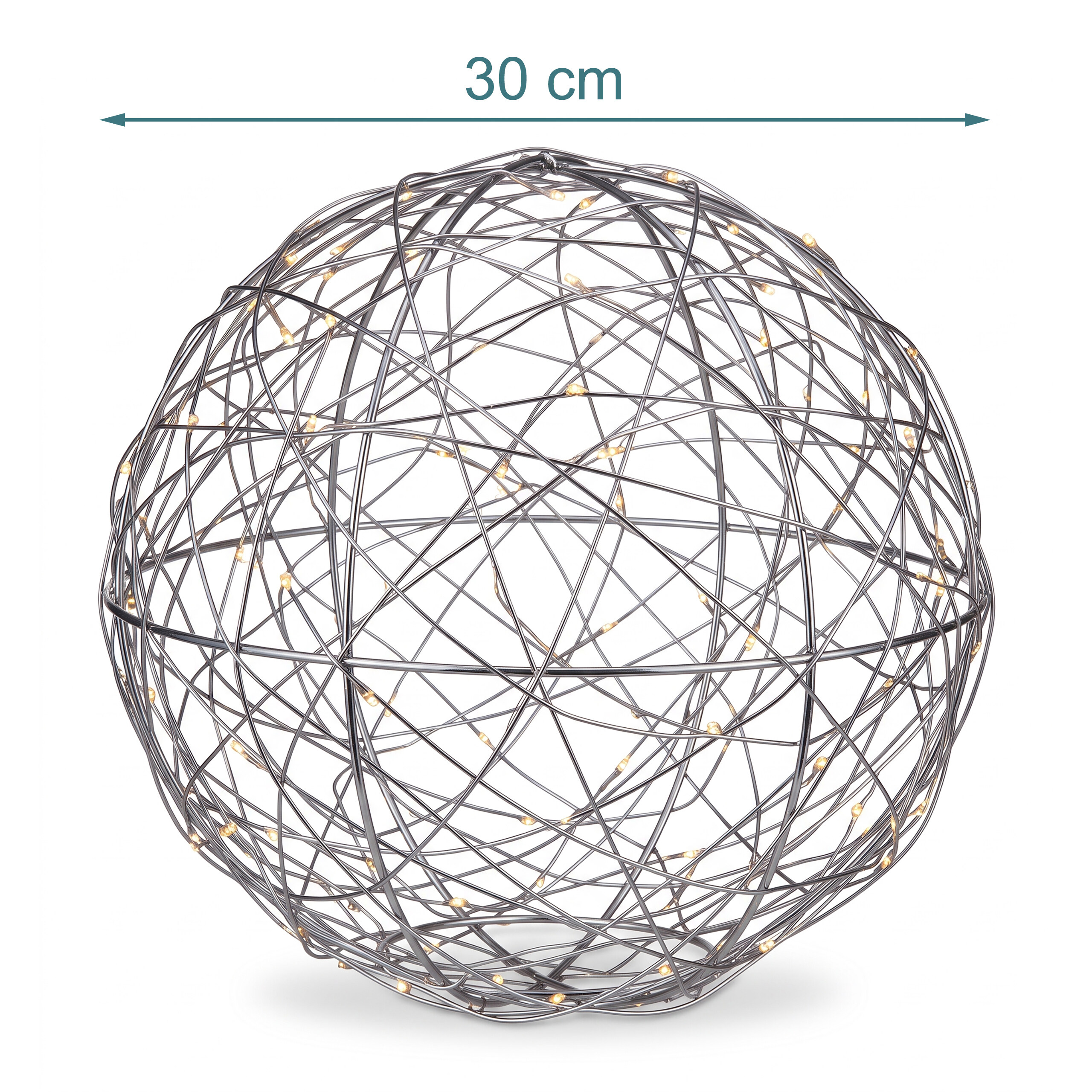 Eine silberne Drahtkugel mit einem Durchmesser von 30 cm und integrierten kleinen LED-lichtern.
