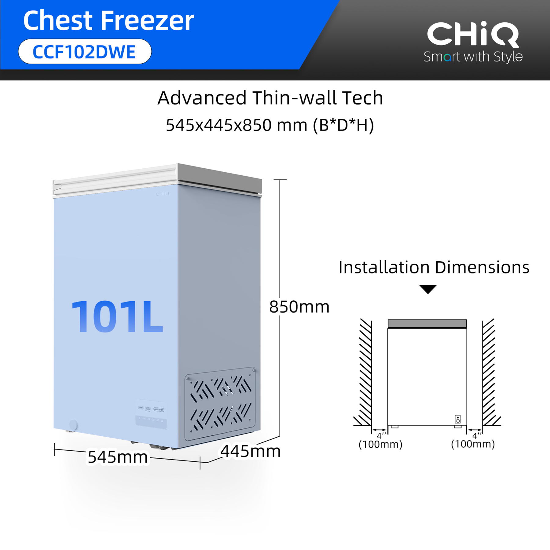 Diagramm der Abmessungen eines blauen 101L CHiQ Truhengefrierschranks mit 545x445x850 mm.