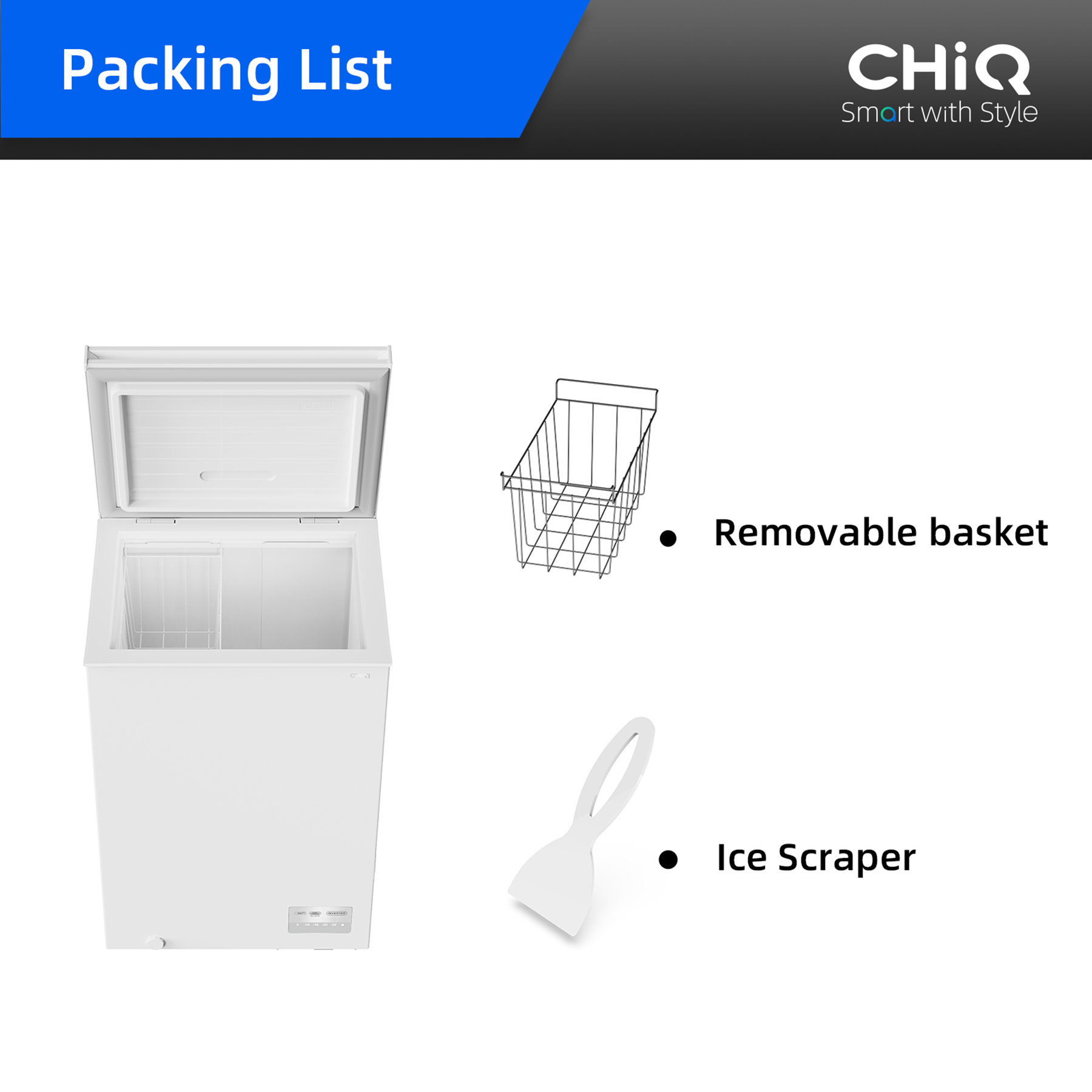 Packliste für eine weiße Gefriertruhe mit herausnehmbarem Korb und Eiskratzer.