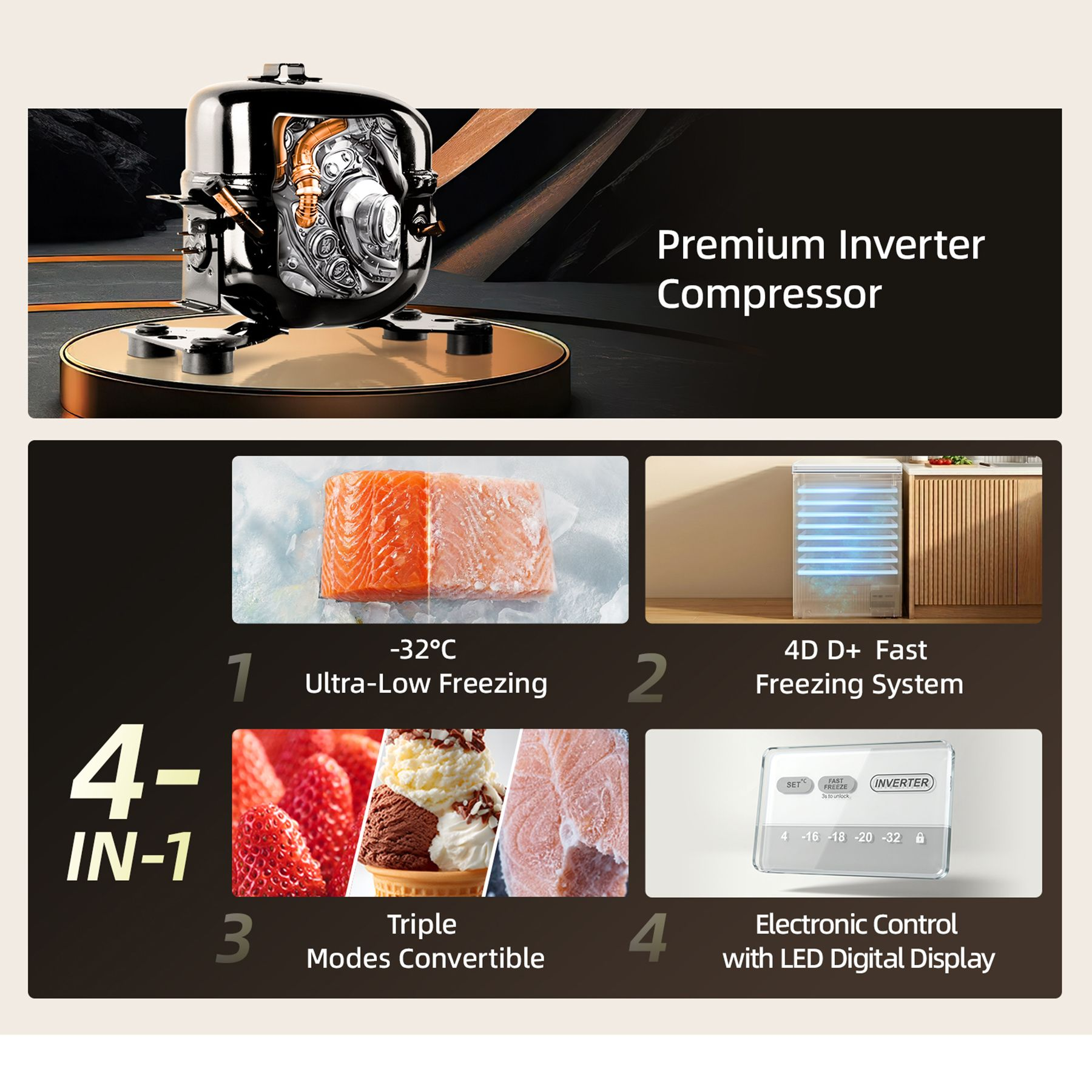 Inforgrafik zeigt den Inverter-Kompressor, -32C Ultra-Gefrieren, 4D-System, Triple-Modus und LED-Display.
