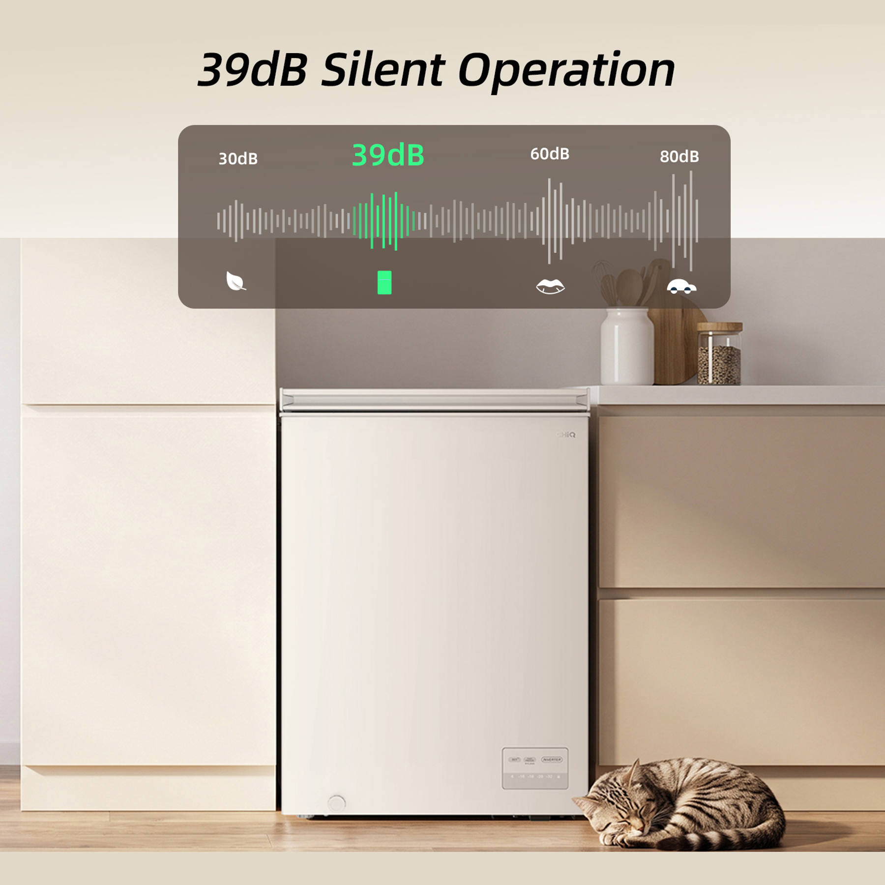 Eine Grafik zeigt 39dB leisen Betrieb über einem weißen Gefrierschrank und einer schlafenden Katze.