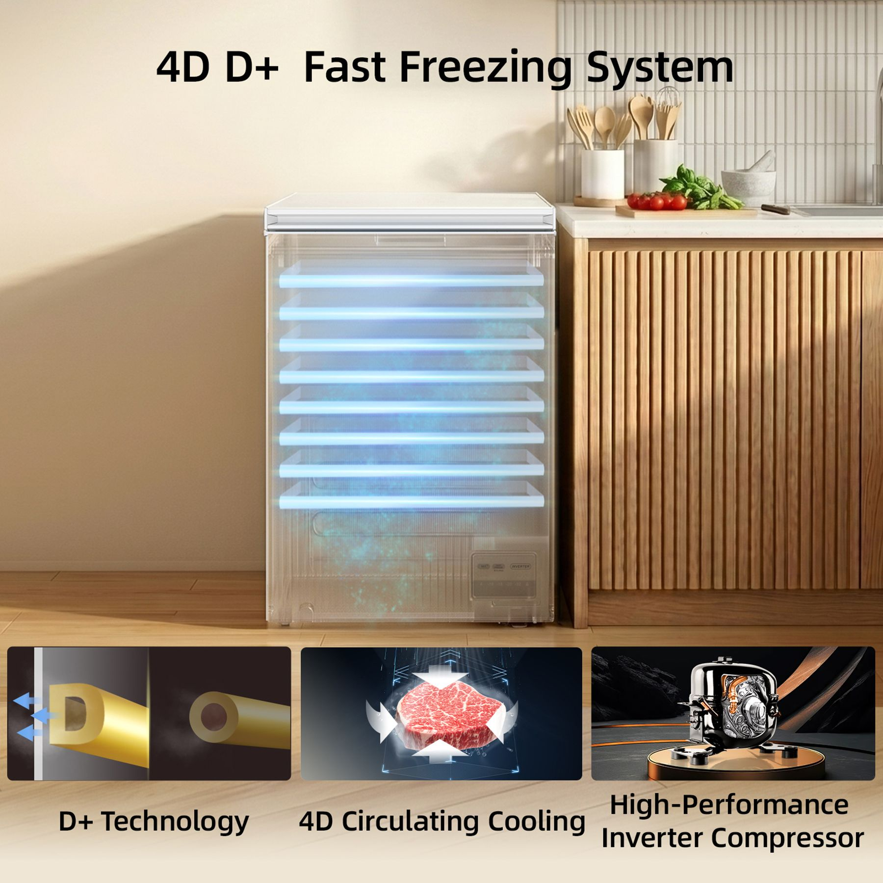 Ein Tiefkühlschrank mit Sichtfenster zeigt 4D D+ Technologie, zirkulierende Kühlung und Inverter-Kompressor.