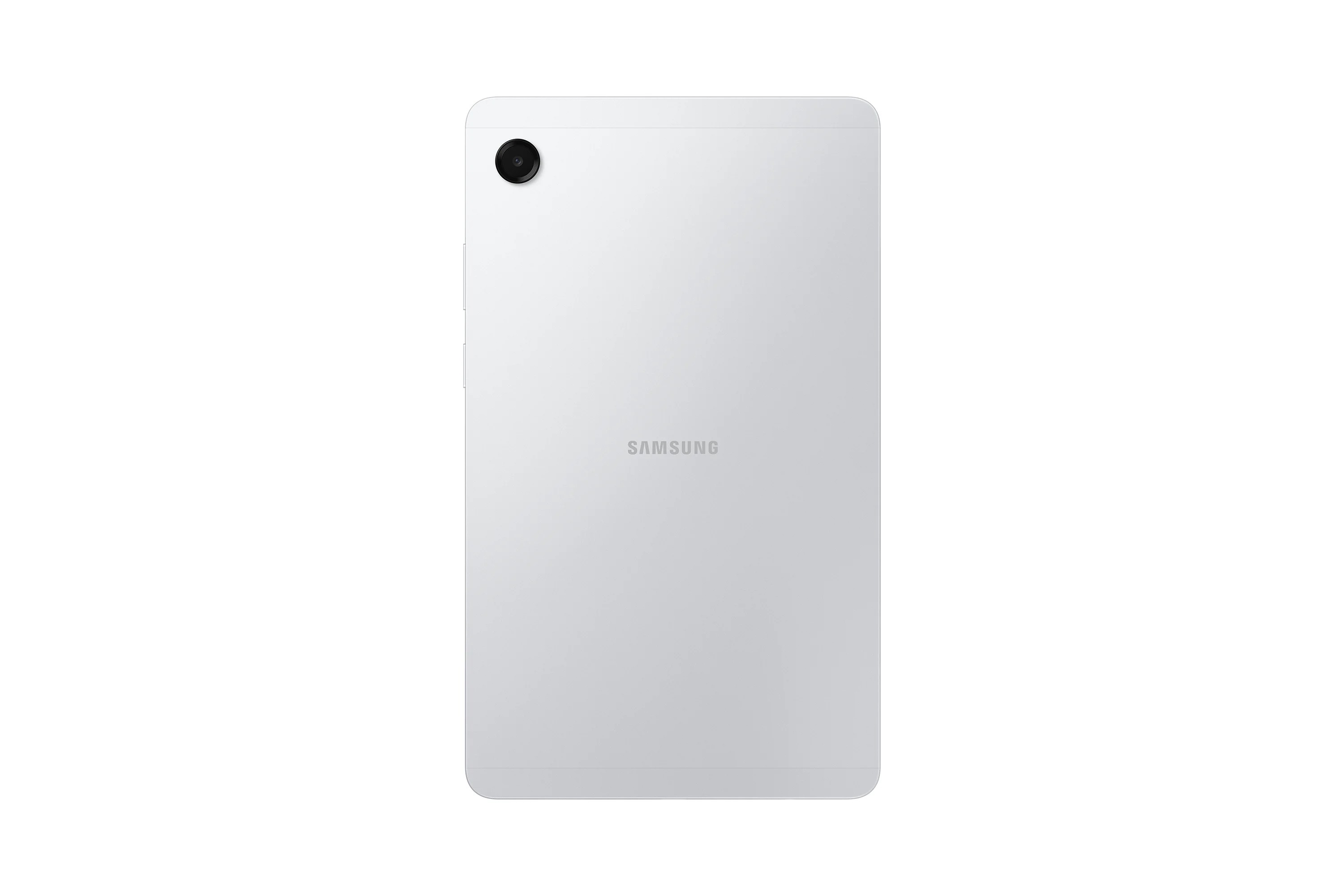 Egy ezüst színű Samsung táblagép hátulja, bal felső sarokban egyetlen kamerával, fehér háttér előtt.