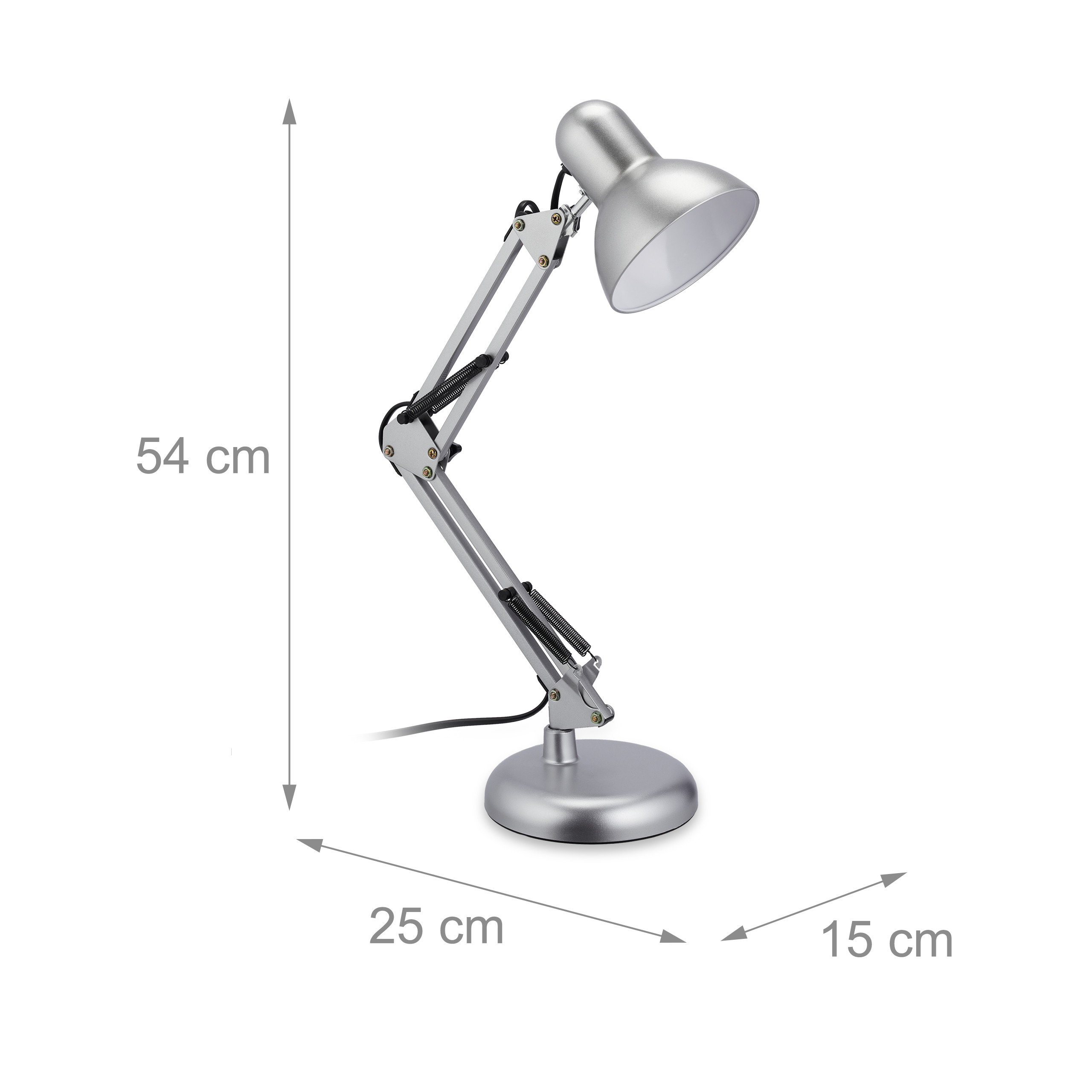 Eine silberne Schreibtischlampe mit verstellbarem Arm und Maßen von 54x25x15 cm.