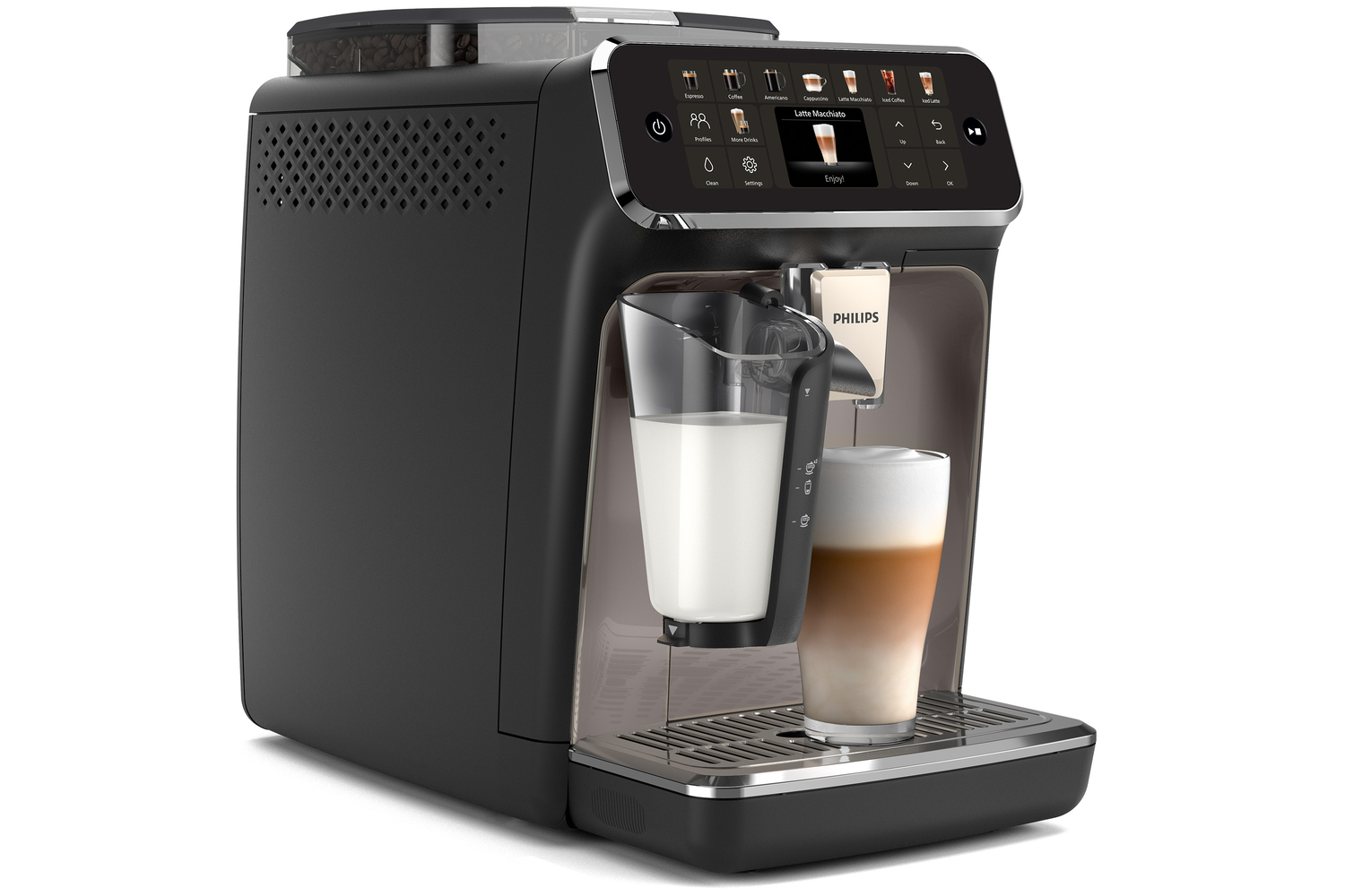 Macchina da caffè automatica Philips nera con touchscreen, contenitore per il latte e bicchiere di latte macchiato.